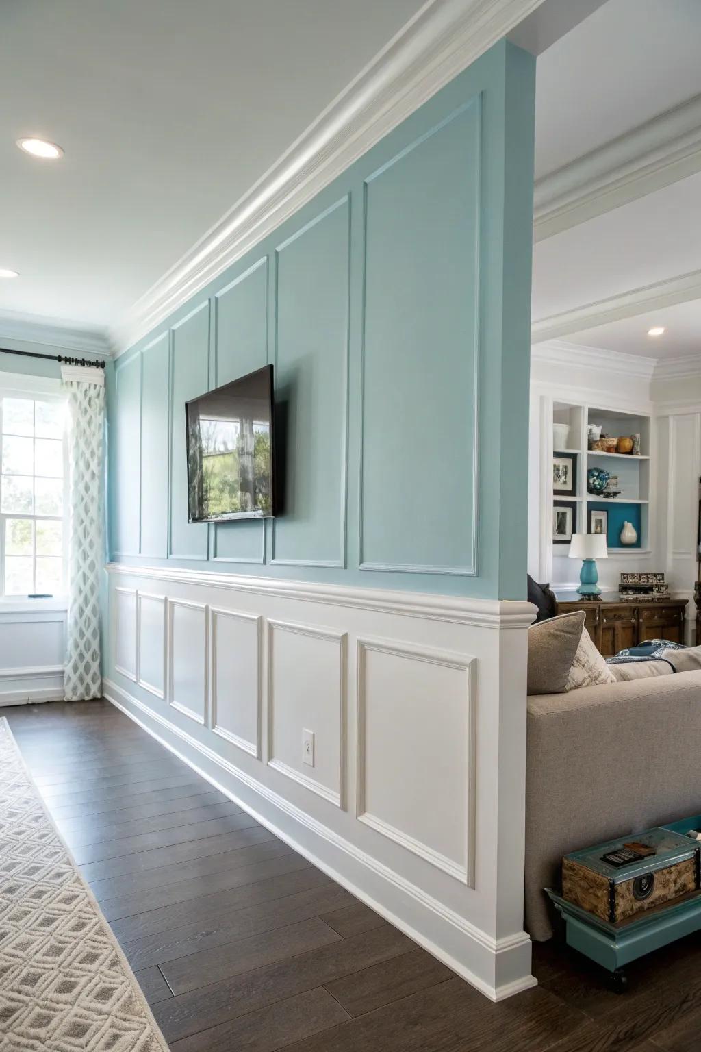 A living room wall completely transformed by a new coat of paint in a trendy color.