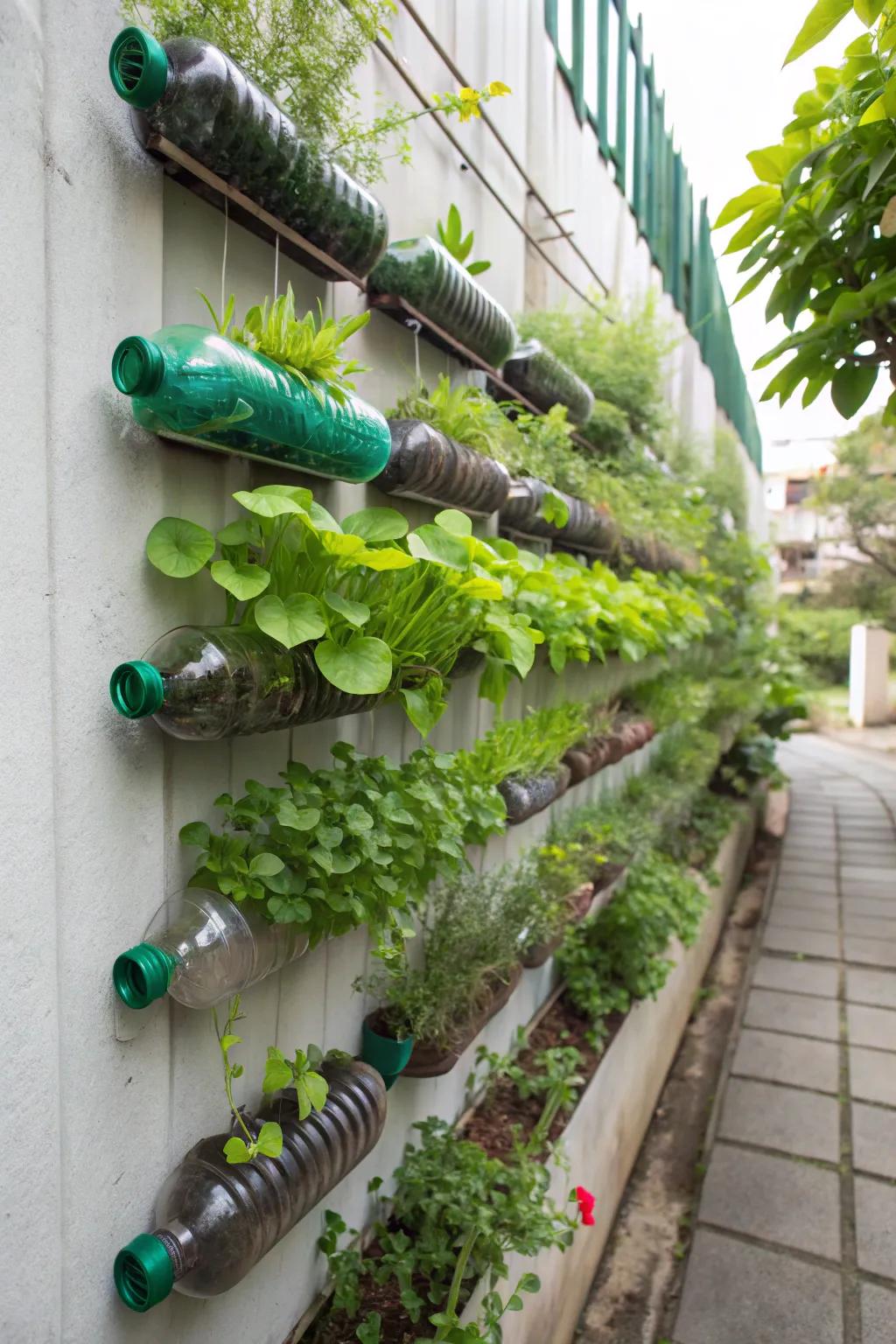 Turn old plastic bottles into a thriving vertical garden.