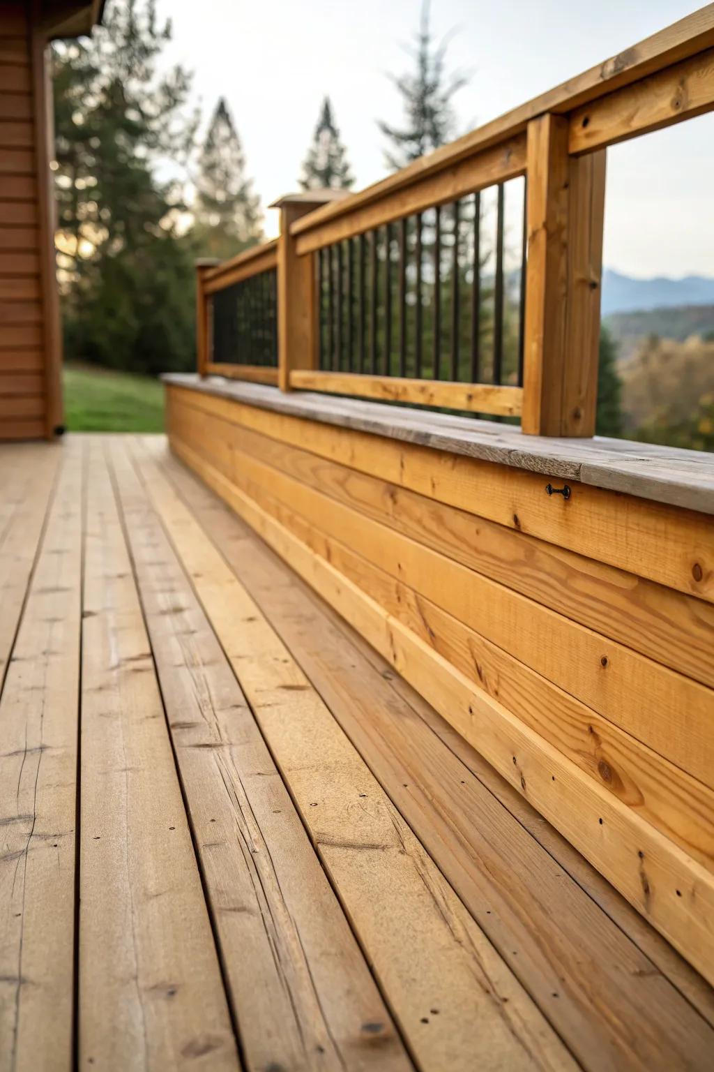 Skirting made of cedar wood imparts a rustic feel to this deck.