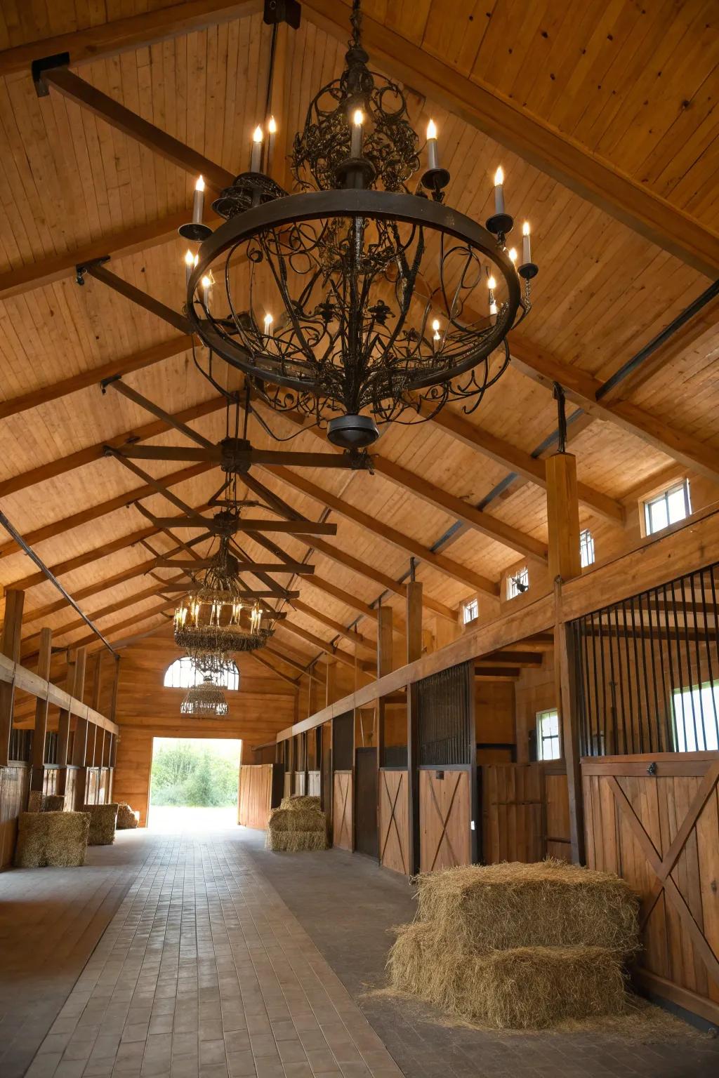 A country chandelier introduces refinement and allure to the stable's interior.