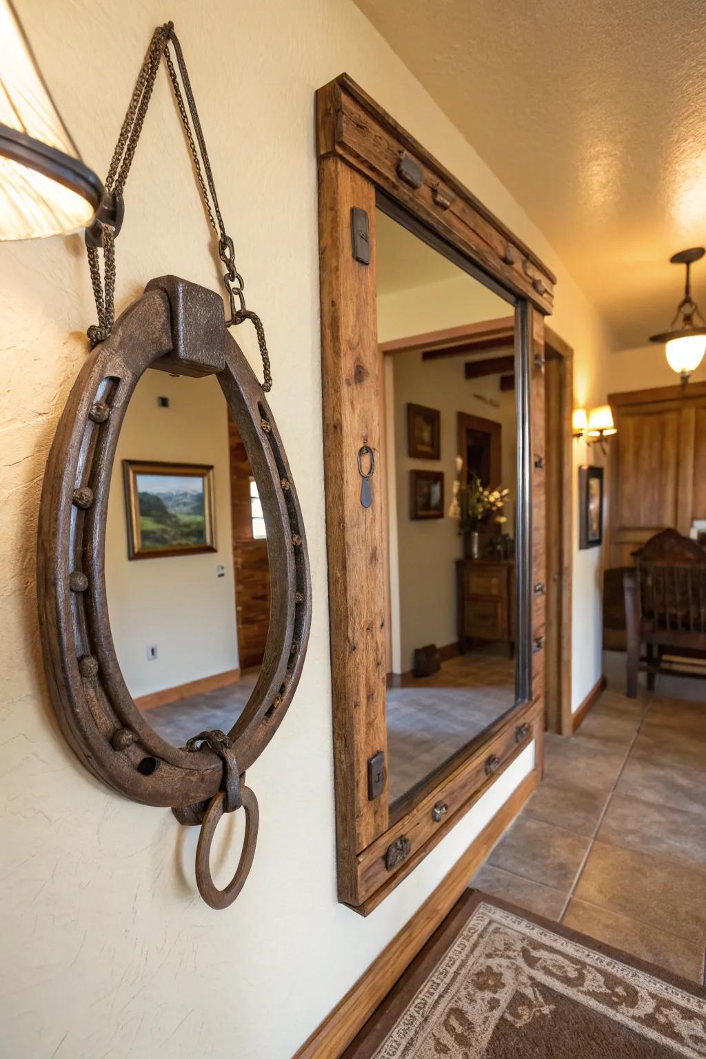 A horse collar mirror adds country charm to the entrance.