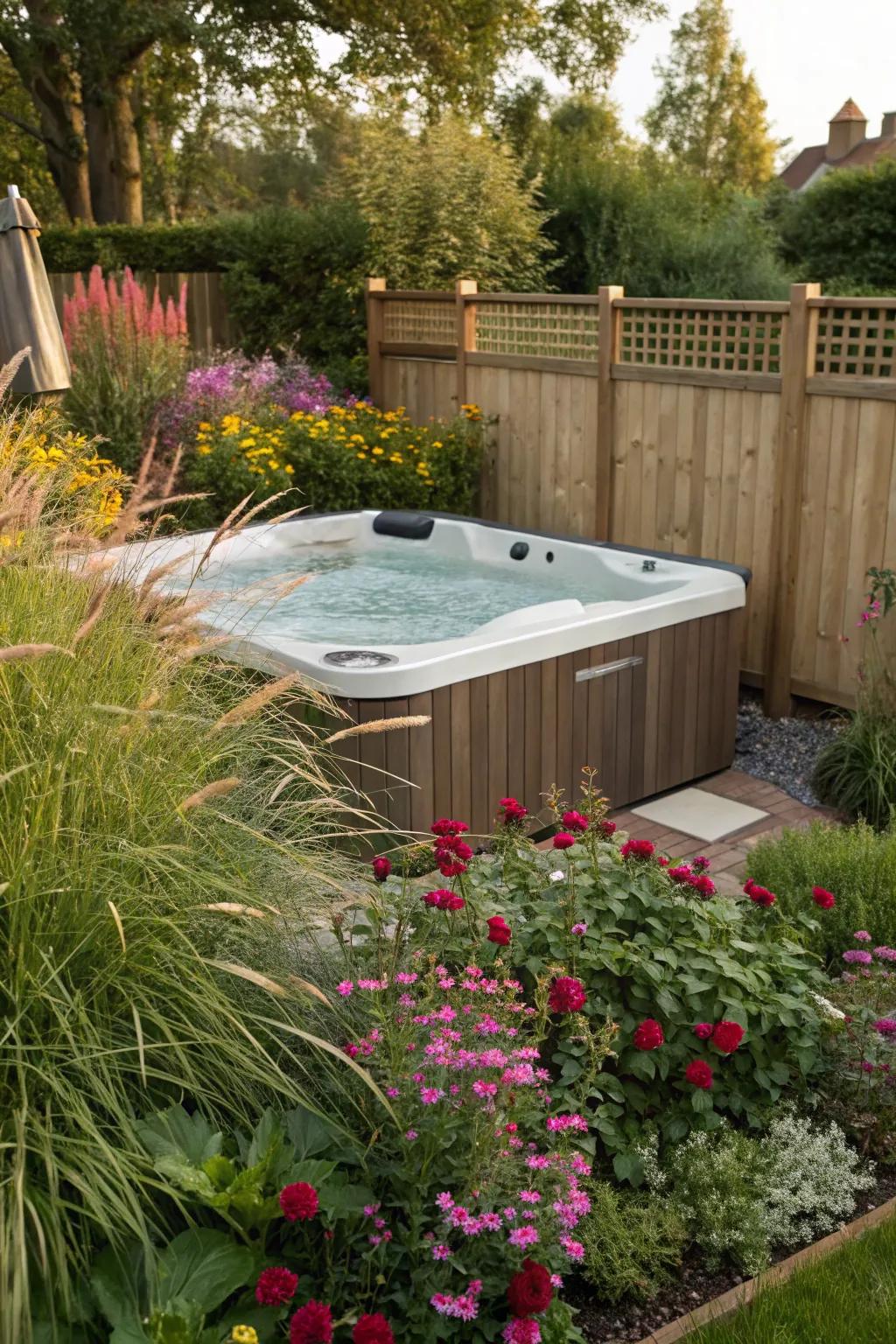 A hot tub blends seamlessly with its natural setting, surrounded by vibrant flowers and tall grasses.