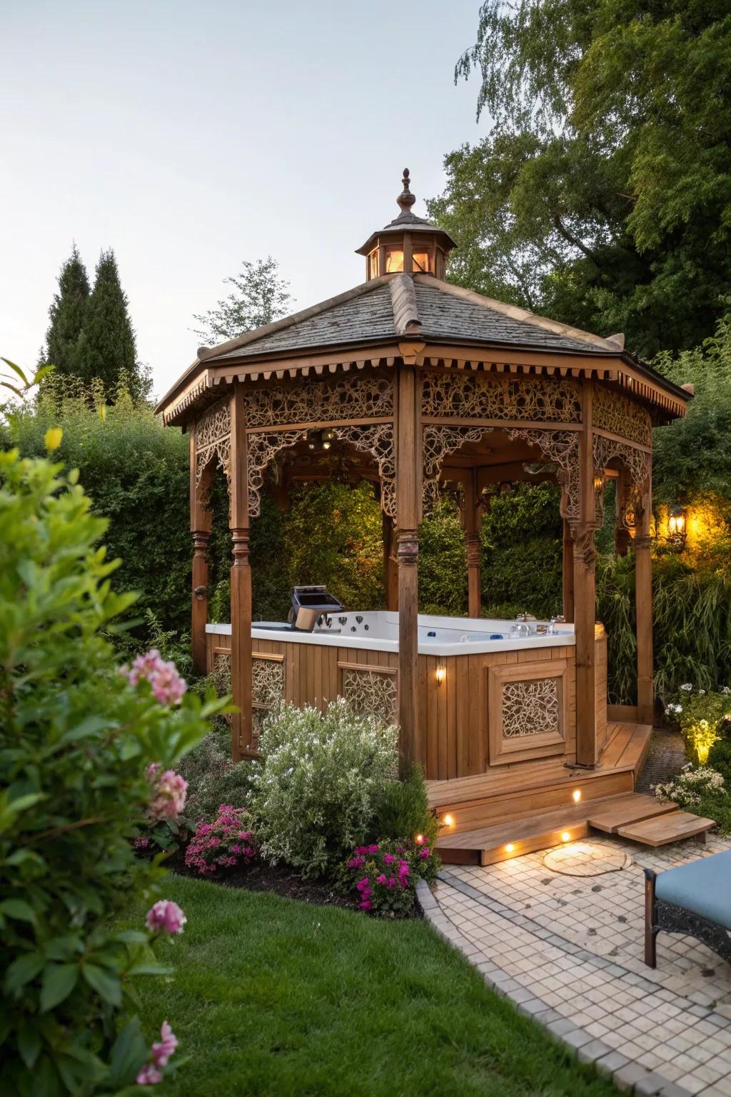 A timber gazebo providing a serene getaway.