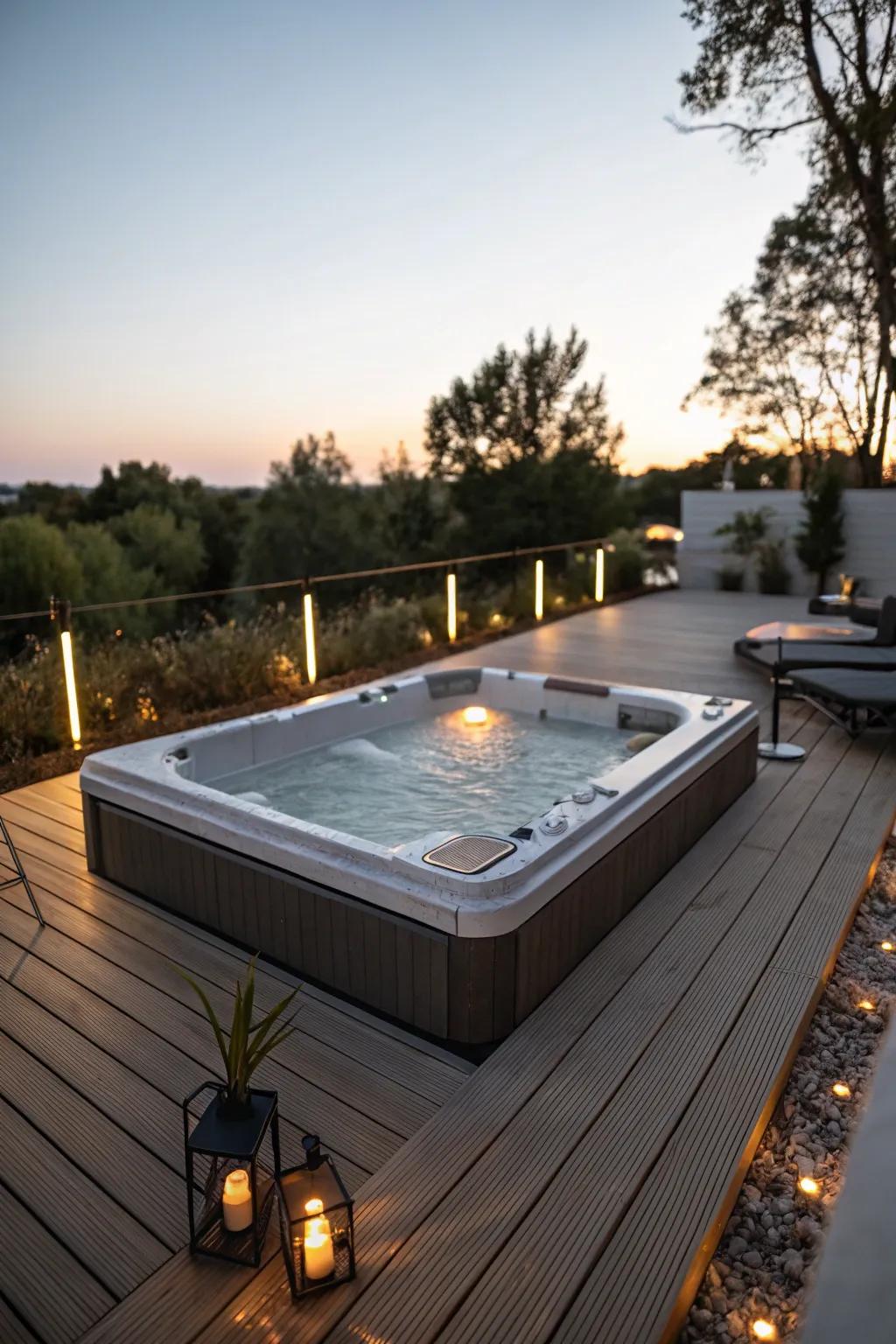 Wooden decking enhances the hot tub space, fostering a comfortable and welcoming atmosphere.