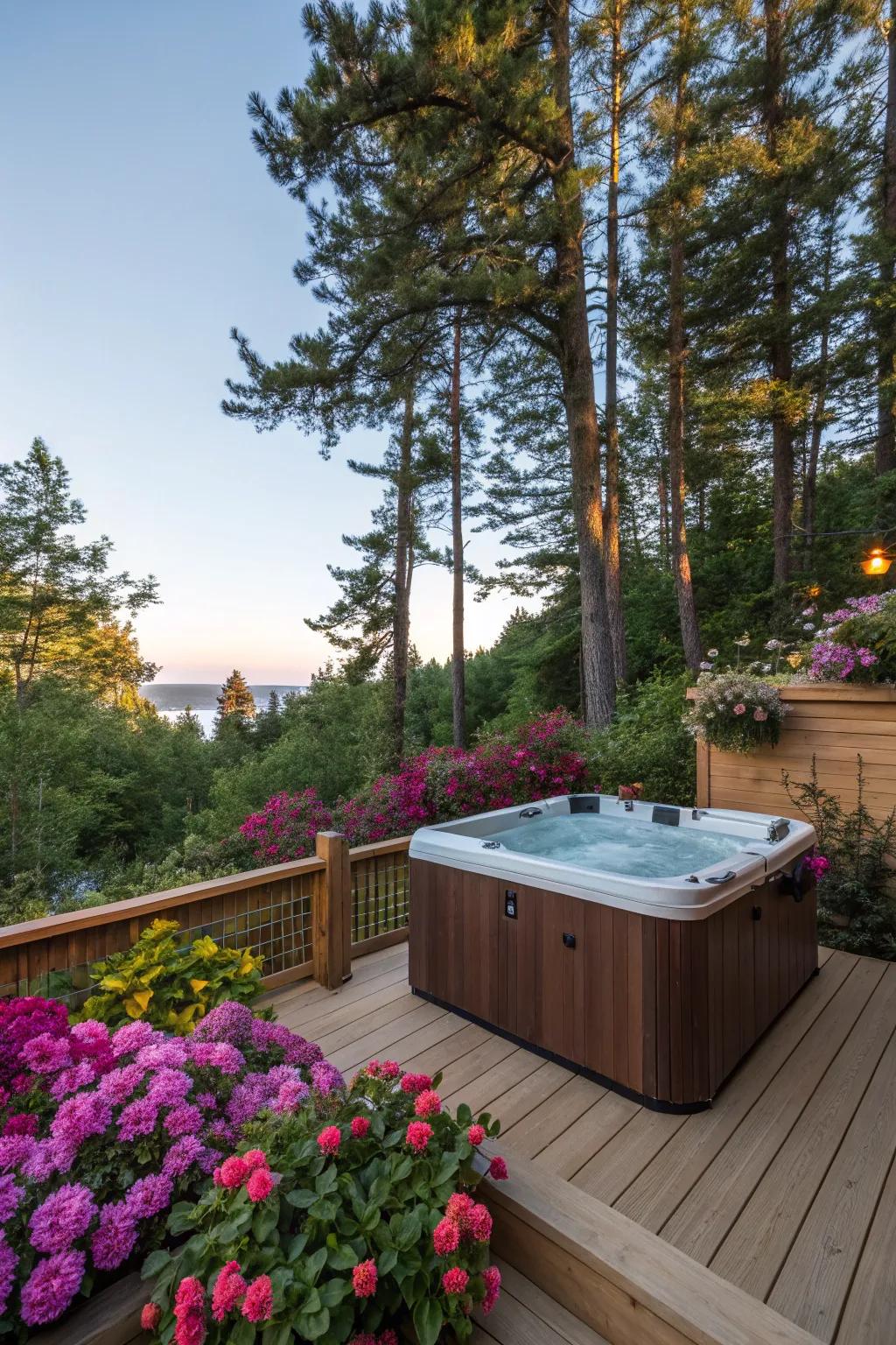 Surround yourself in nature by including a hot tub deck into your garden.