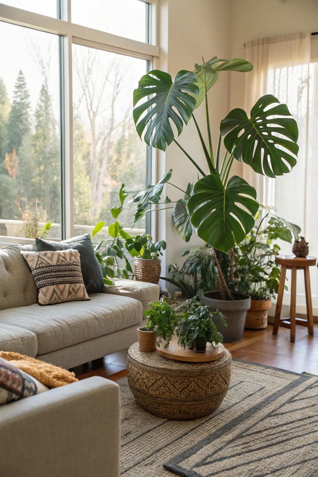 A large Swiss cheese plant provides a tropical essence to this inviting living room.