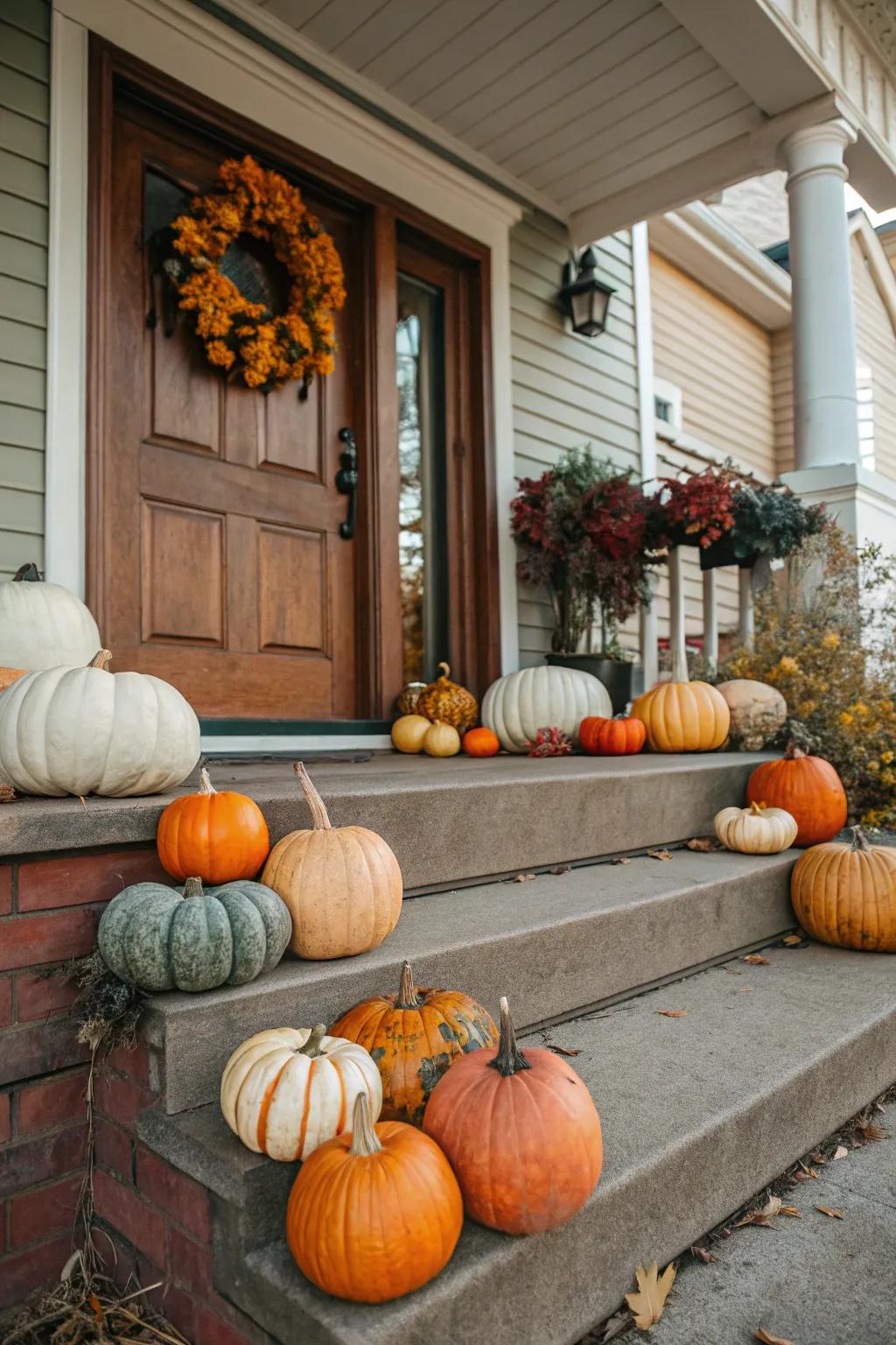 An attractive gourd arrangement on a front porch