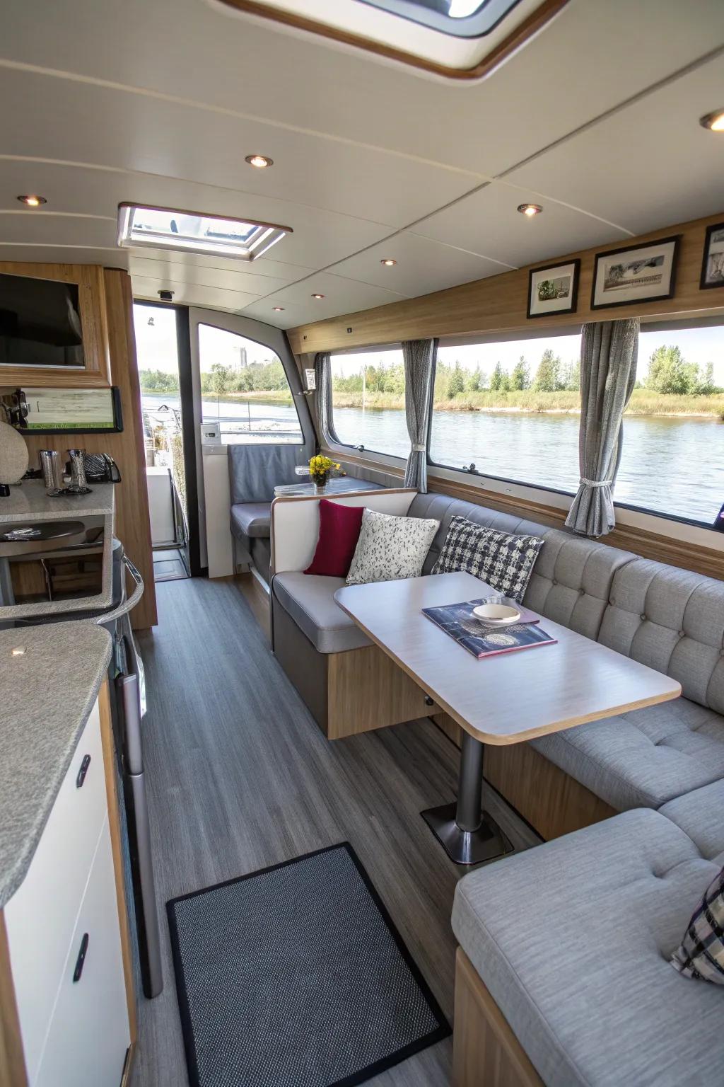 Smart application of multi-functional furniture in a houseboat's living space.