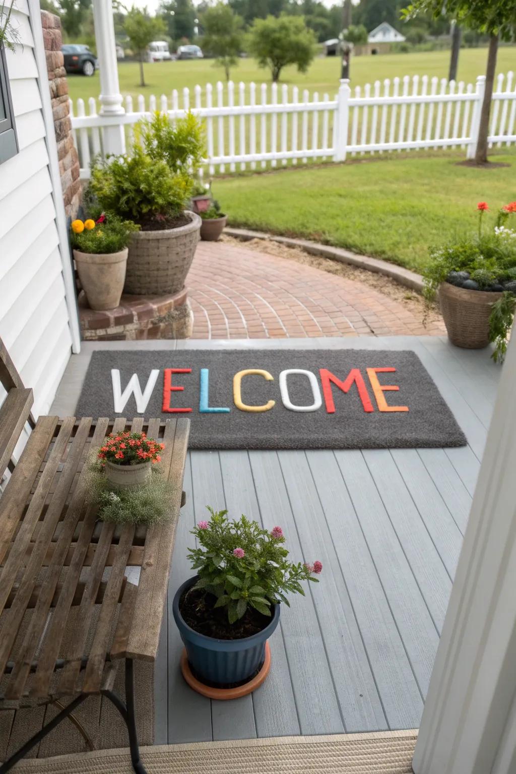 A personalized doormat displaying interchangeable letters provides a friendly welcome.
