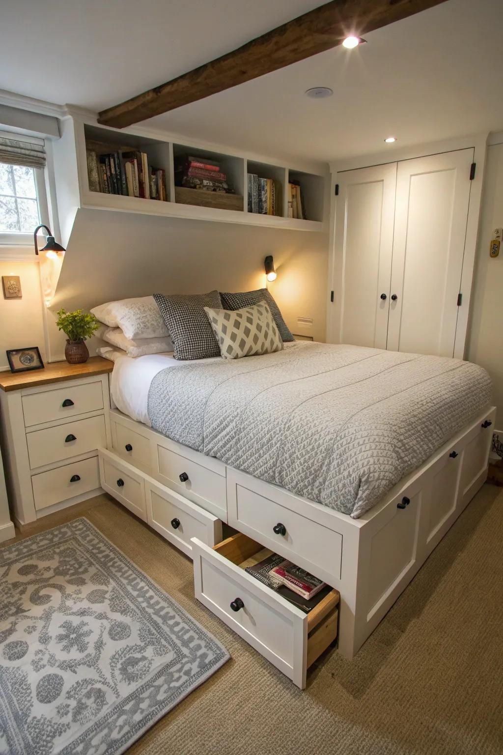 A compact bedroom showcasing a bed with incorporated storage drawers, optimally utilizing space.
