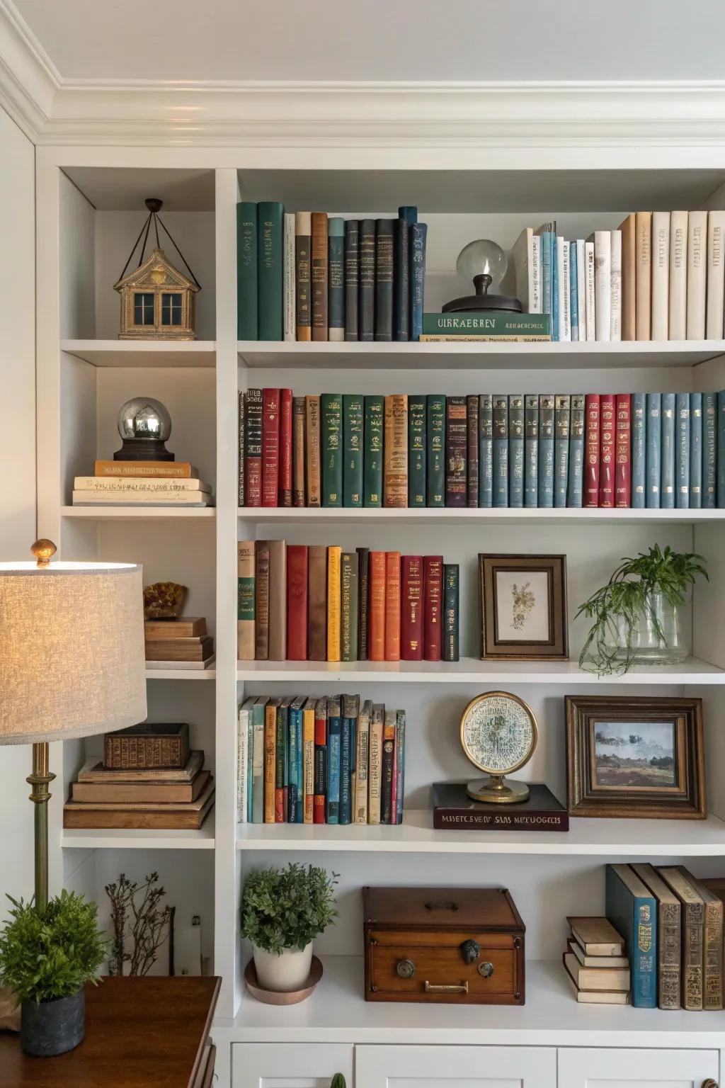 Symmetrical and asymmetrical layouts showcased on a bookshelf.
