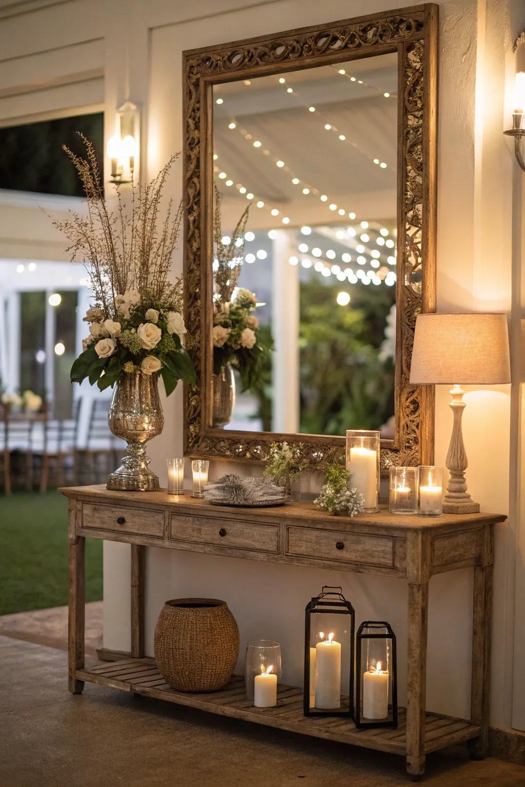 A console table highlighted by a large mirror, enhancing the perception of depth and light.