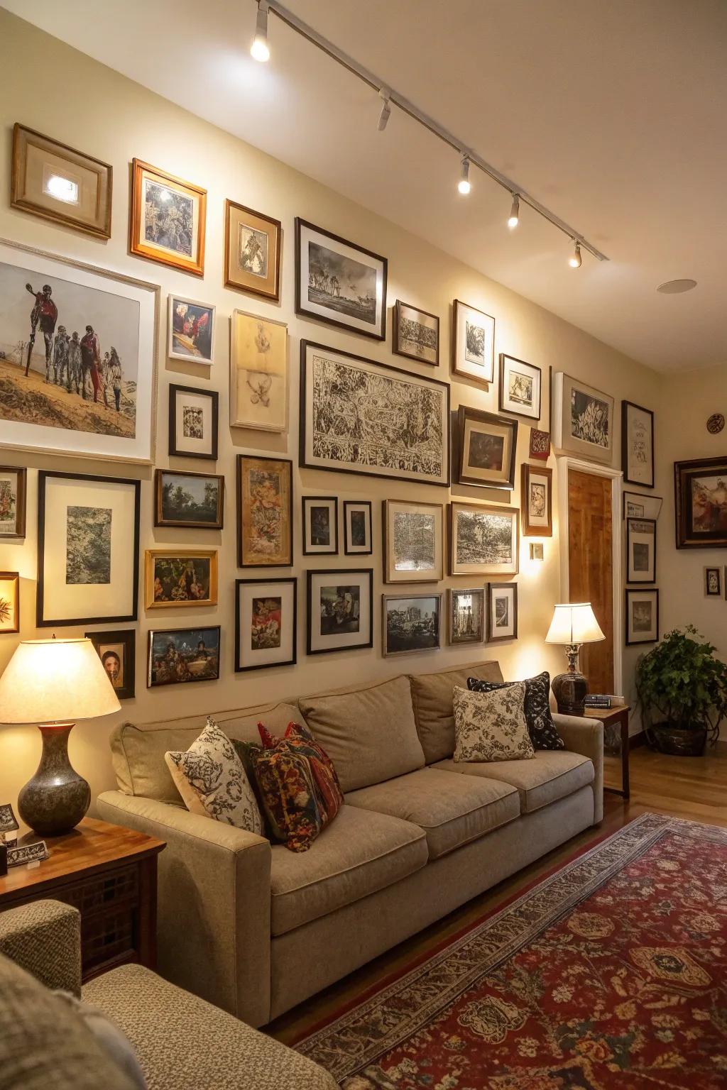 A thoughtfully arranged gallery wall infuses personality and allure into any expansive wall space.
