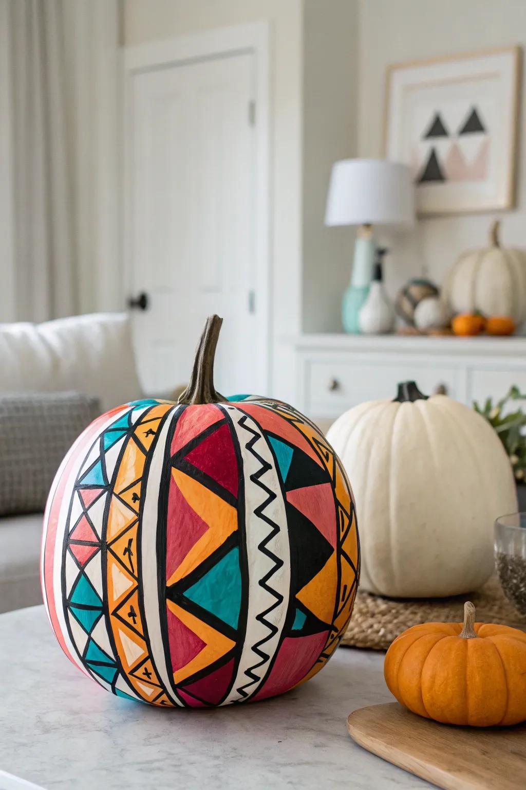 A boldly painted pumpkin enhancing the space with contemporary flair.