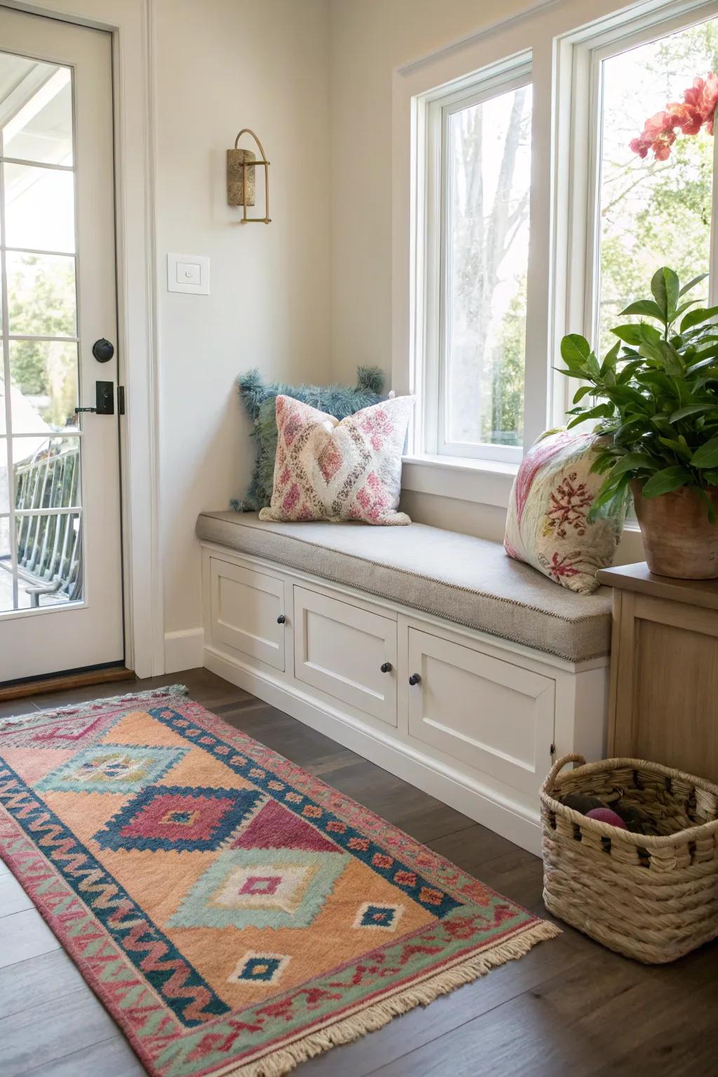 A welcoming seating area in the entryway with a small bench and soft cushions.