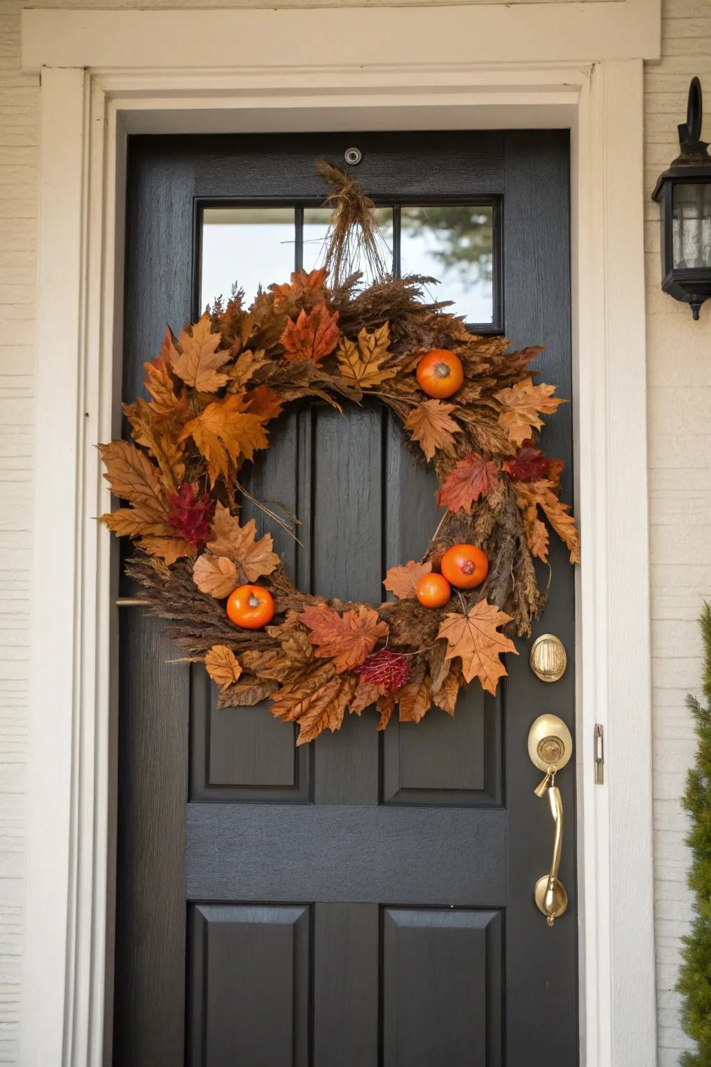 A welcoming fall-themed door decoration graces the entrance.
