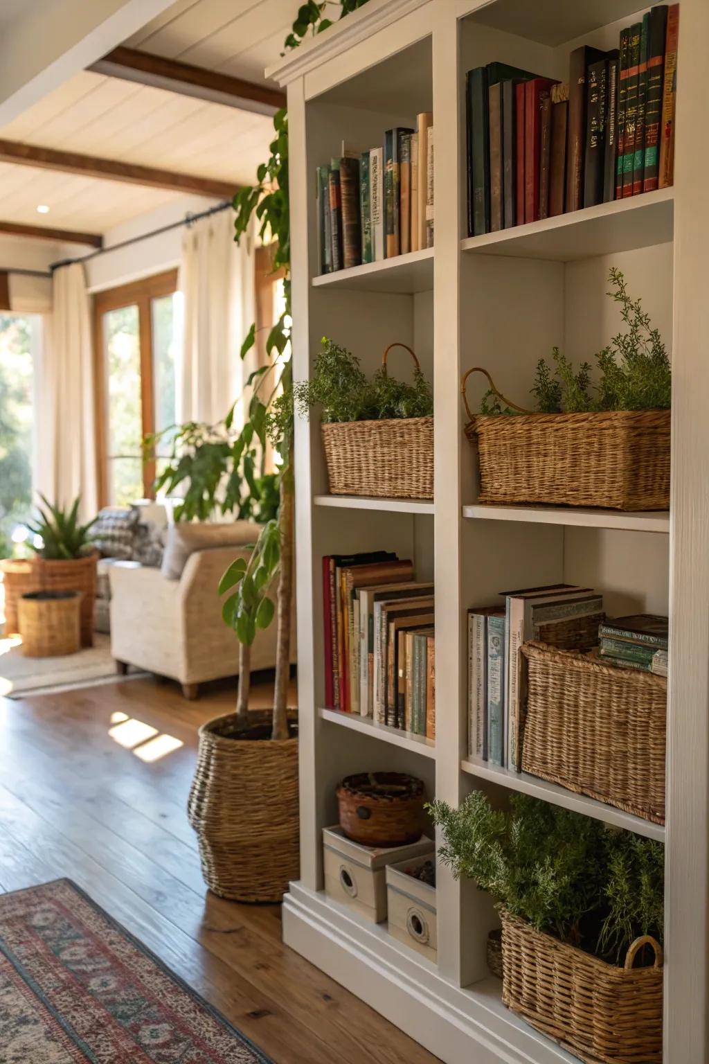 Baskets effortlessly enhance bookshelf aesthetics.