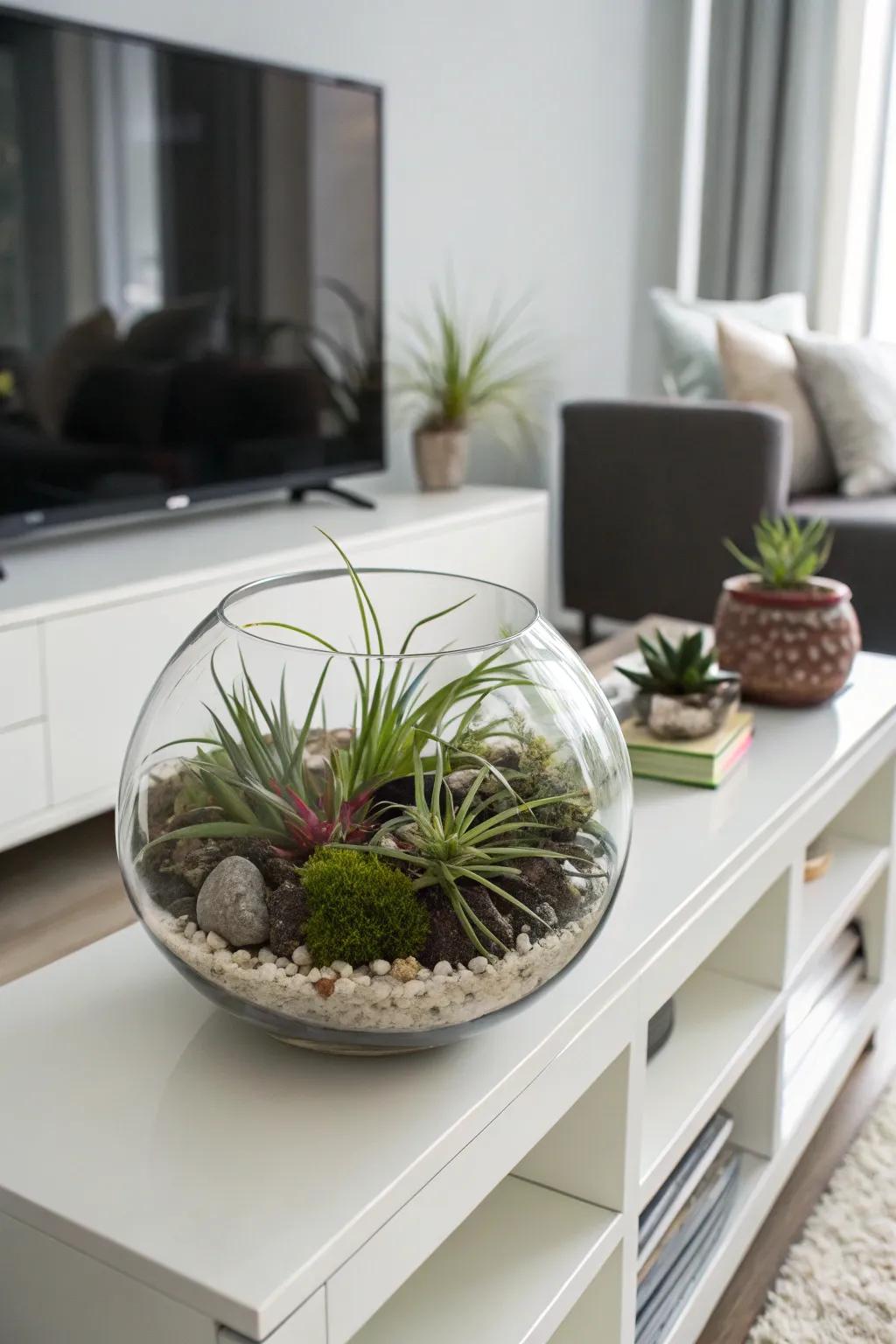 A glass terrarium displaying air plants to create a minimalist decorative piece.