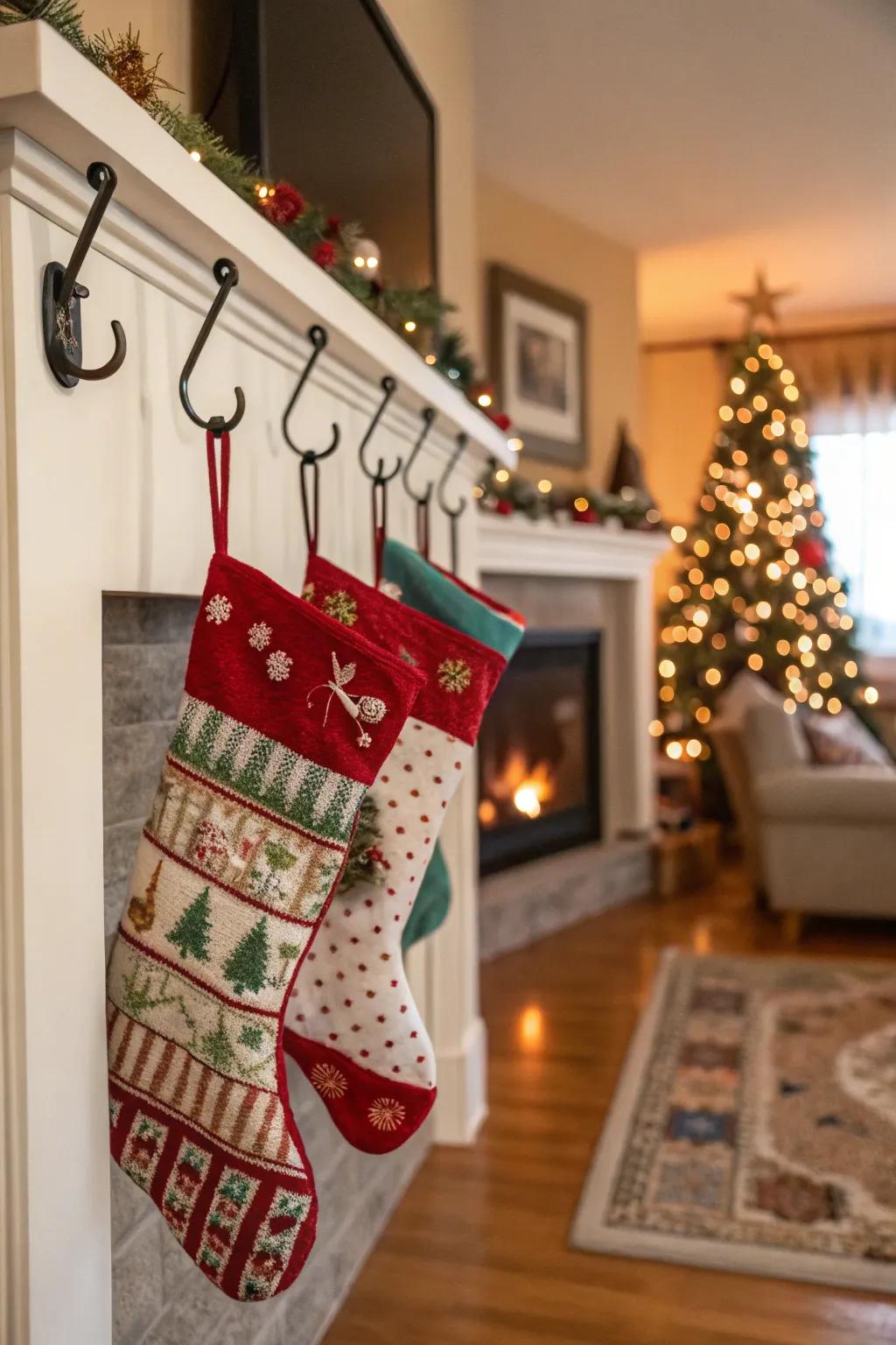 Wall-mounted hooks offer a straightforward yet elegant way to hang stockings.