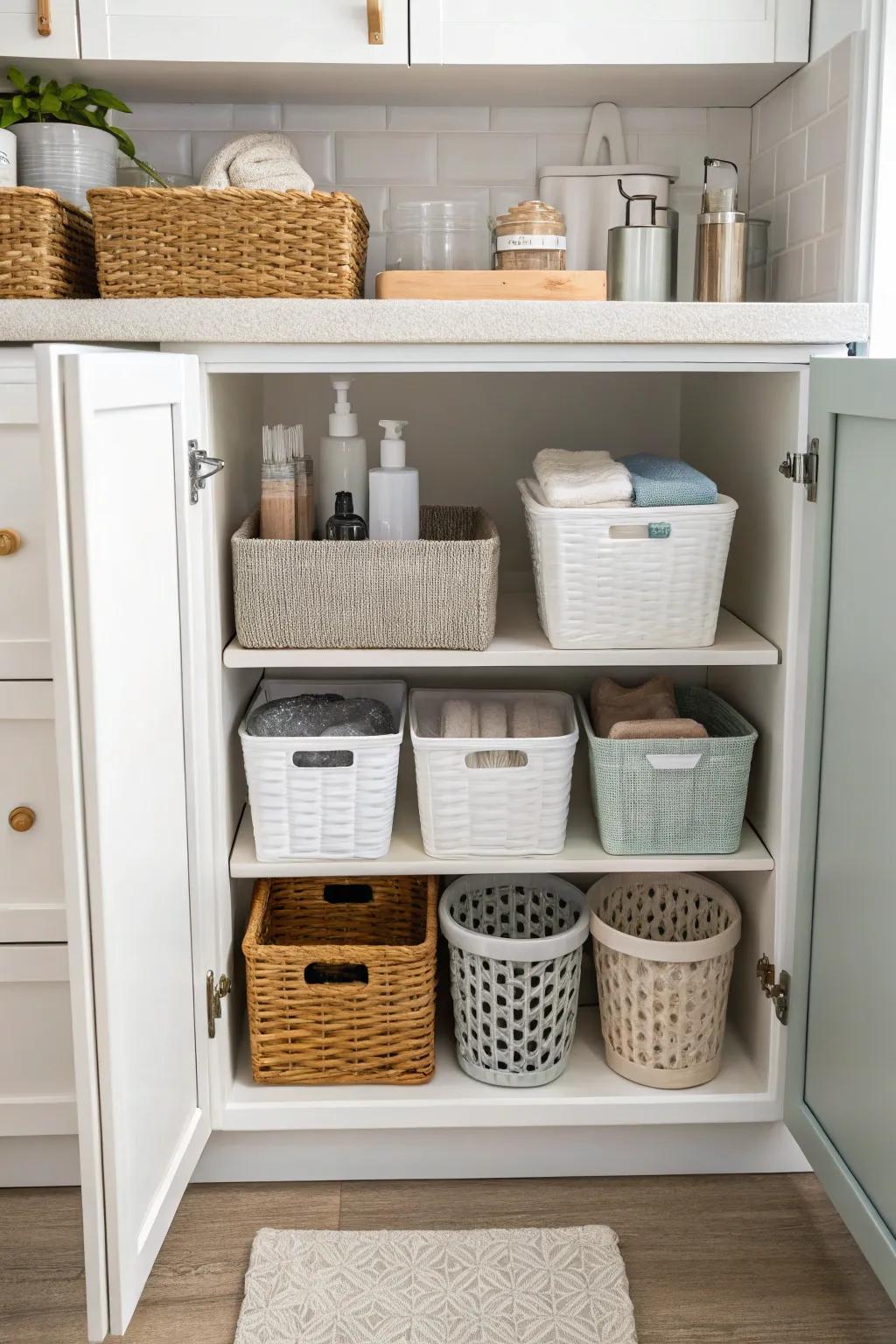 Bathroom cabinet featuring baskets and bins for the efficient arrangement of toiletries and cleaning essentials.