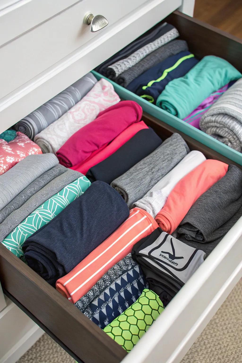 Workout clothes arranged using the KonMari method.