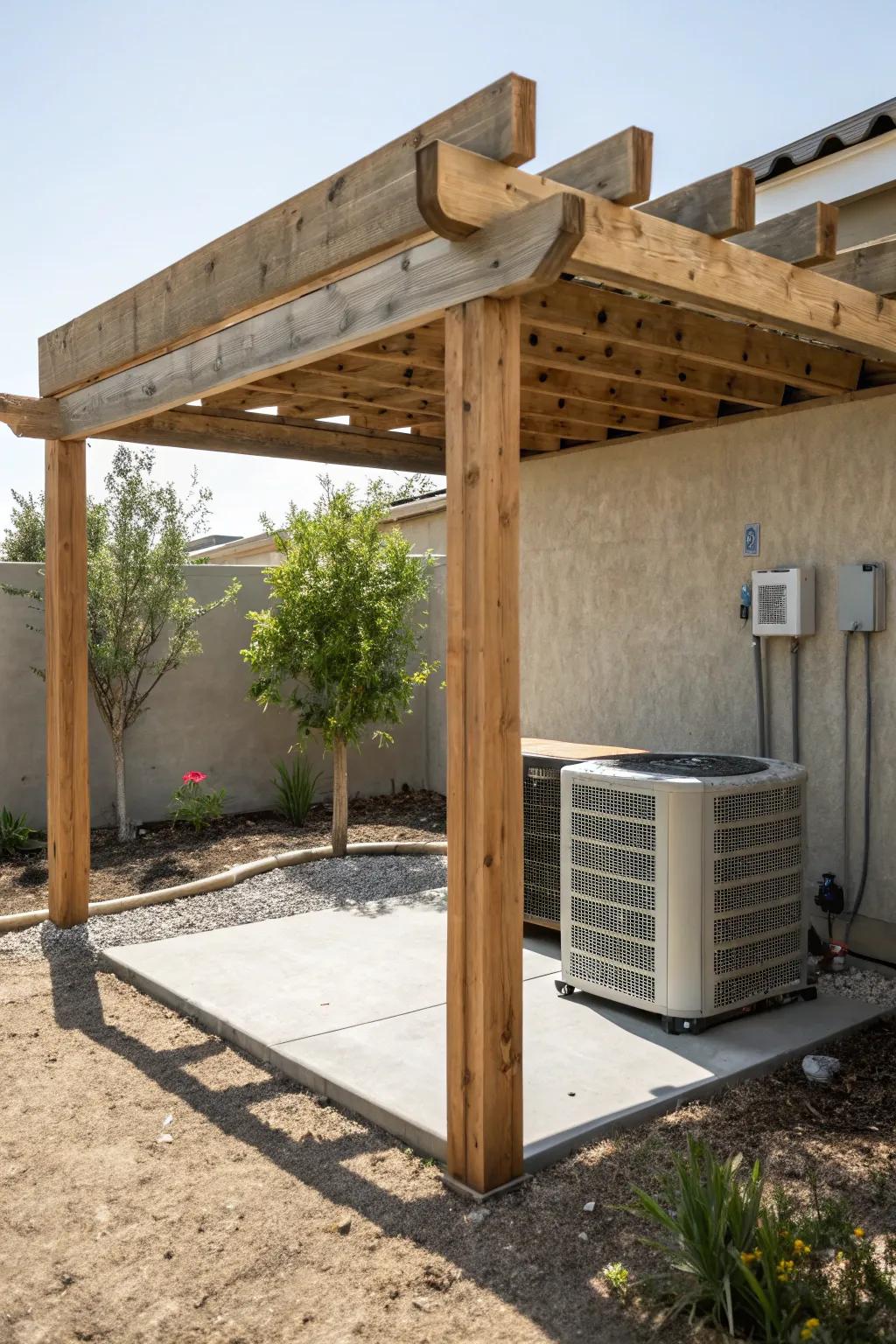 A wooden frame effectively provides shade for an outdoor AC unit.