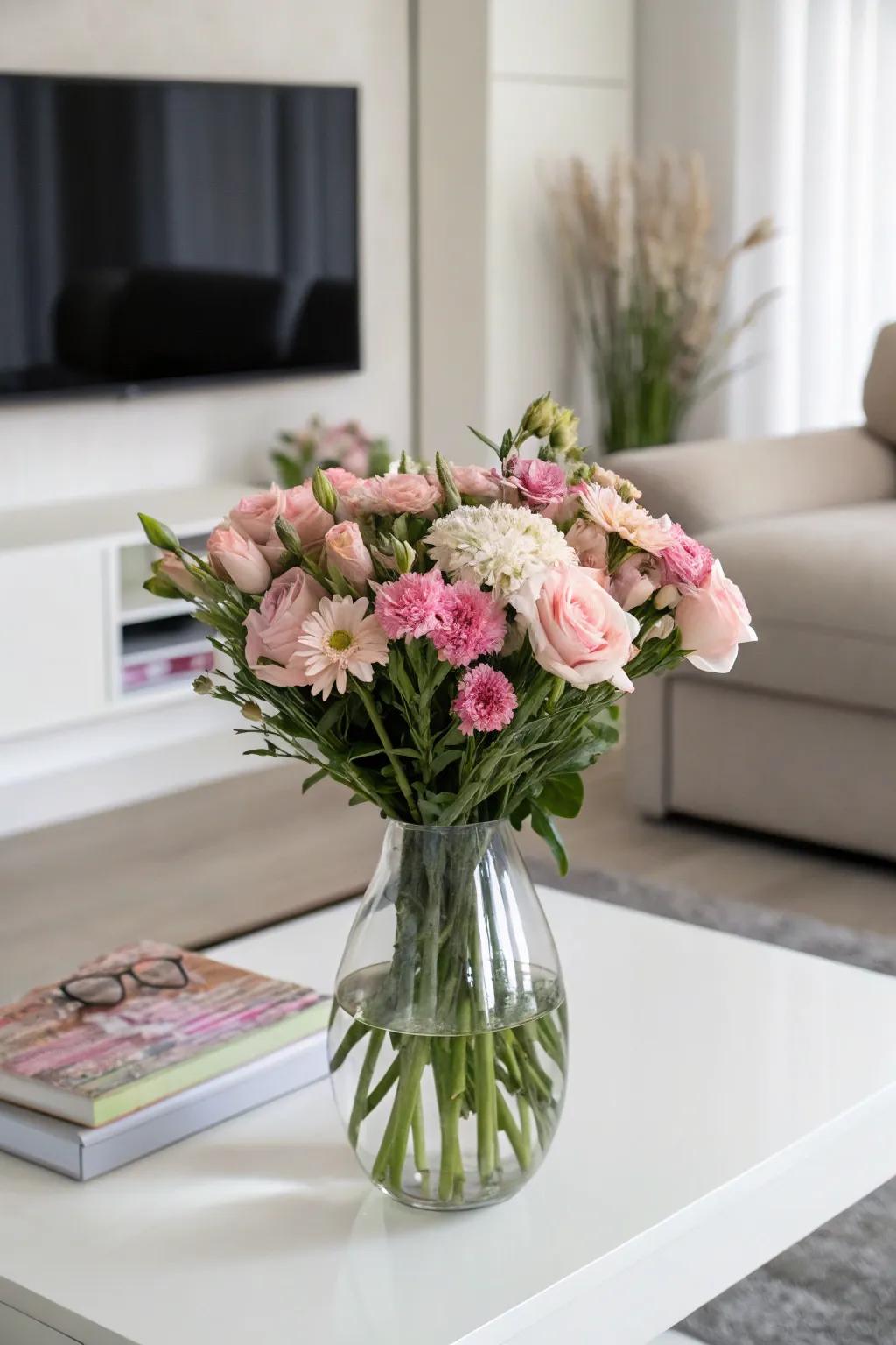 A monochromatic setup of pink flowers displayed in a see-through vase.