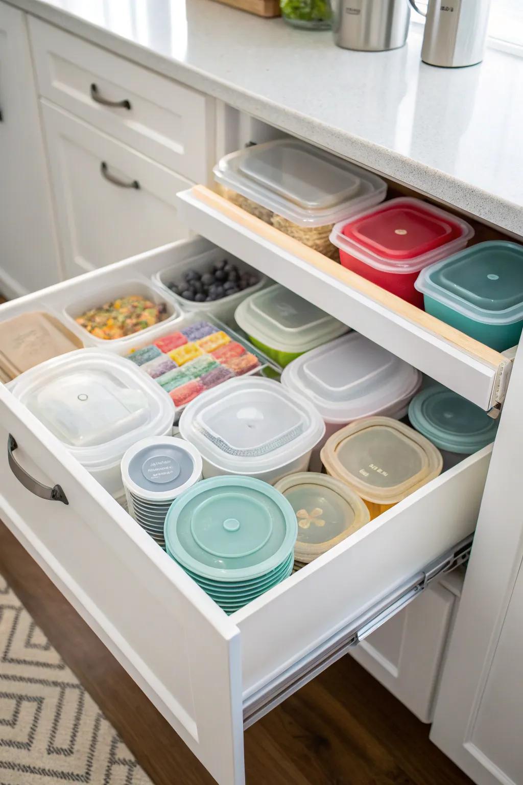 A kitchen drawer showcasing neatly stacked plastic containers and their lids.