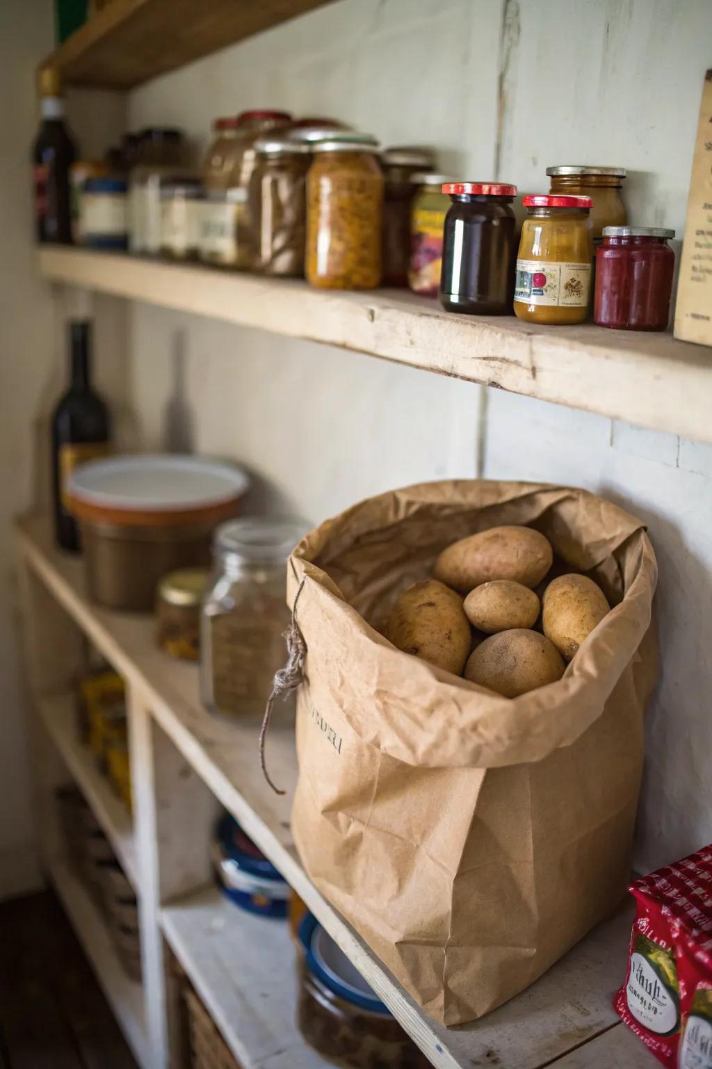 Classic larder arrangement for potatoes in a farmhouse atmosphere.