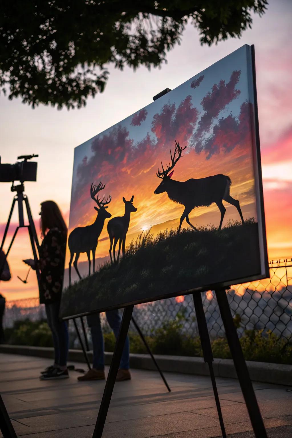 Deer outlines set against a backdrop of a captivating sunset.