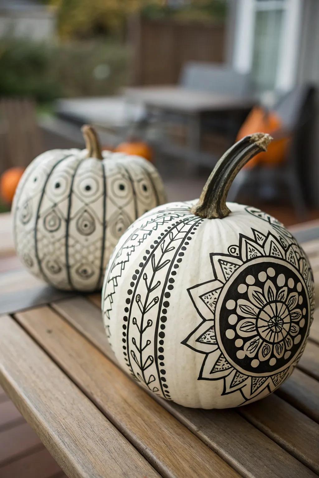 A pumpkin decorated with detailed painted designs for a refined look.