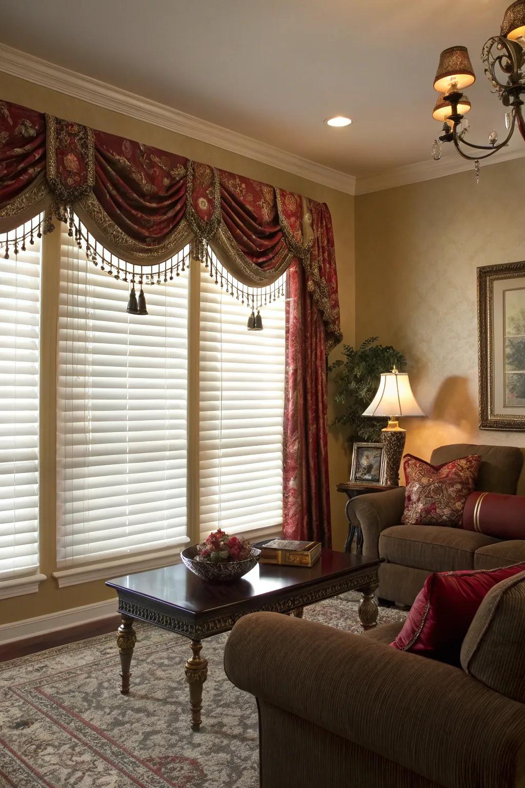 Traditional textile window toppers give warmth and texture.