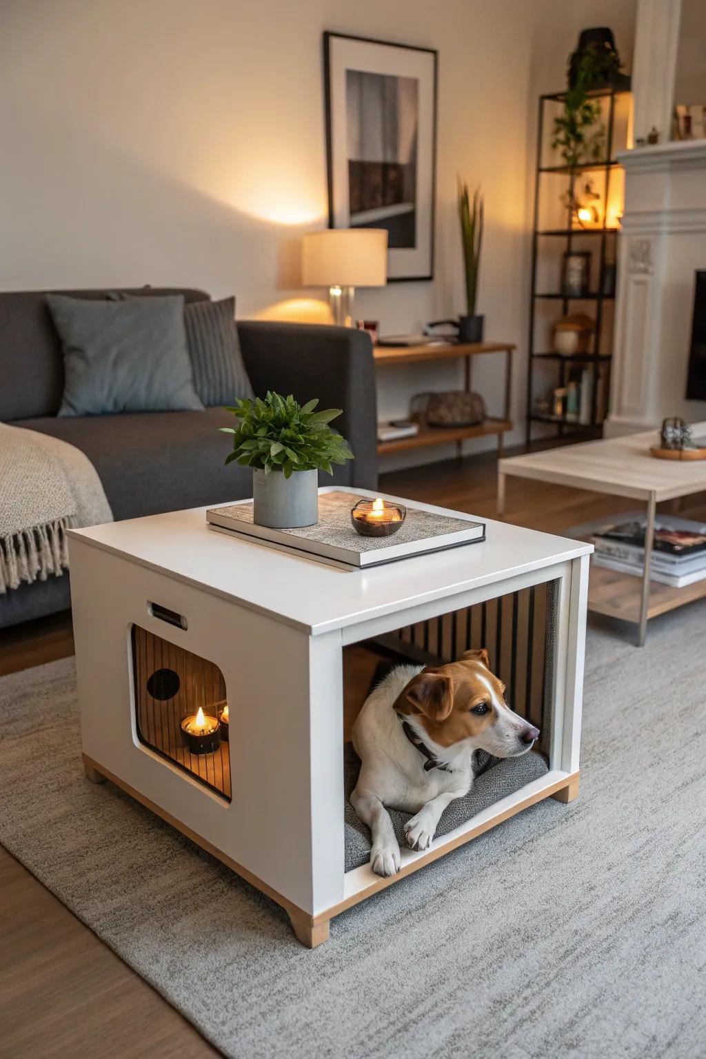 A dual-function coffee table and kennel combination, ensuring your dog is nearby in a stylish setting.