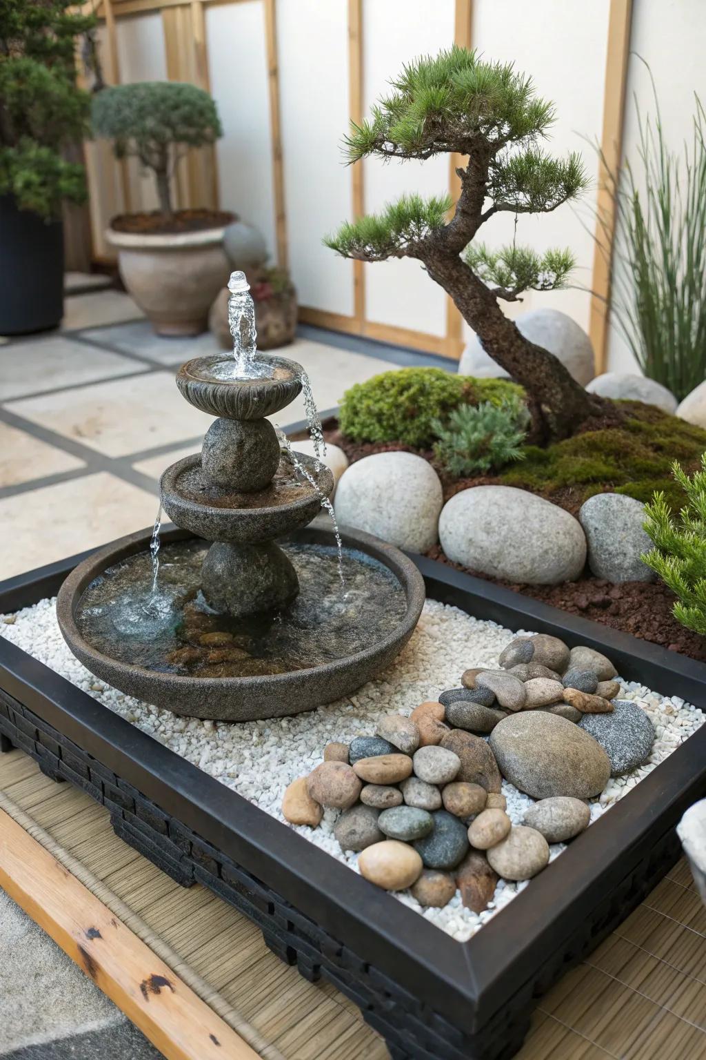A small Zen garden fountain creates a serene escape in your home.