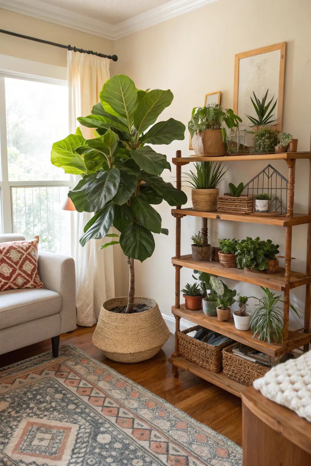 A living area revitalized into a lush retreat with a combination of large and small plants.
