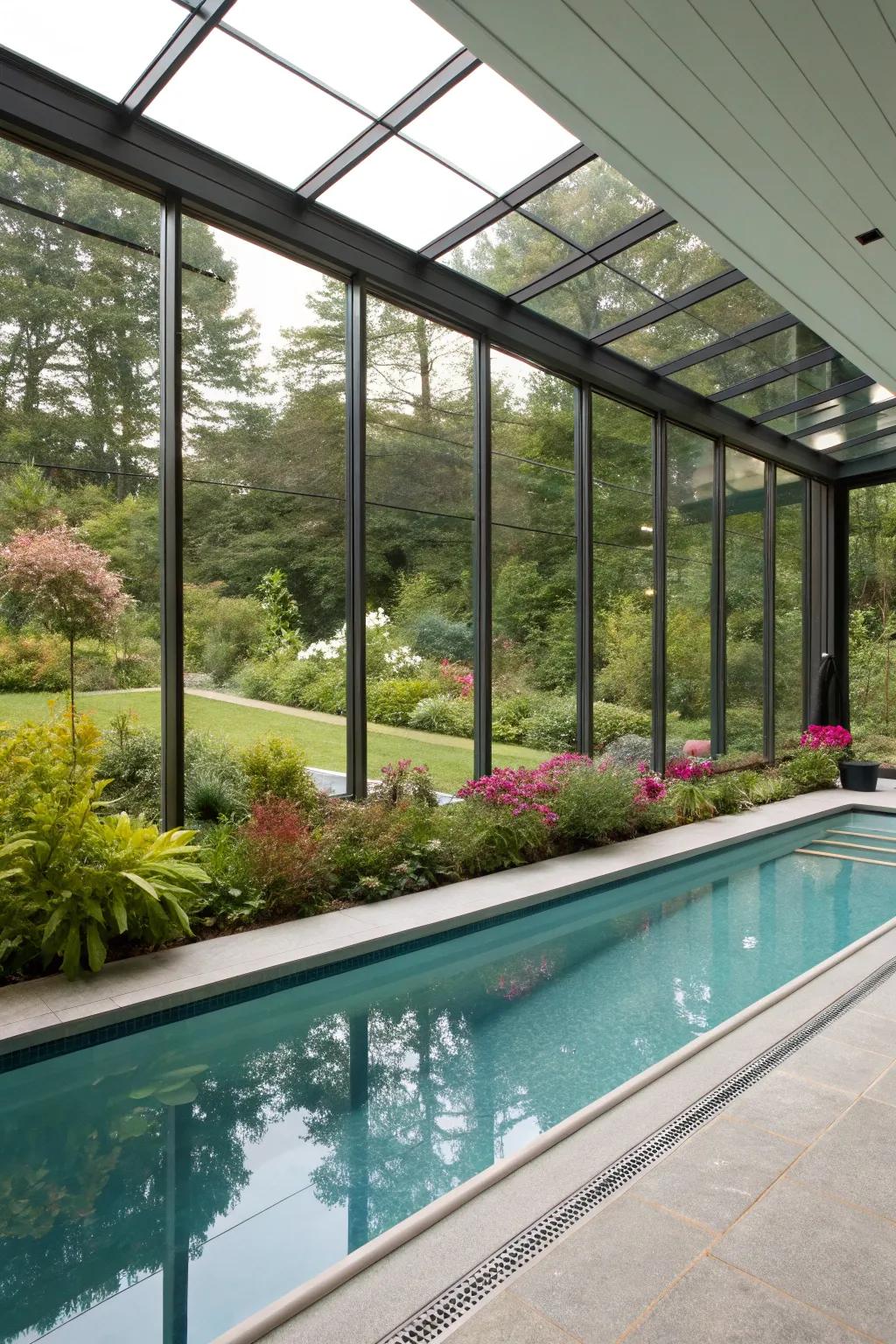 A breathtaking indoor pool featuring glass walls that provide a view of the garden