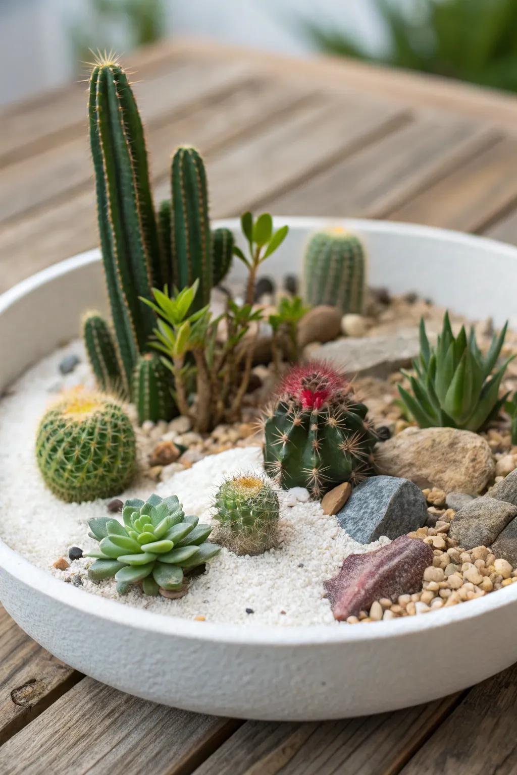 Introduce a desert vibe into your living space with a scaled-down landscape.
