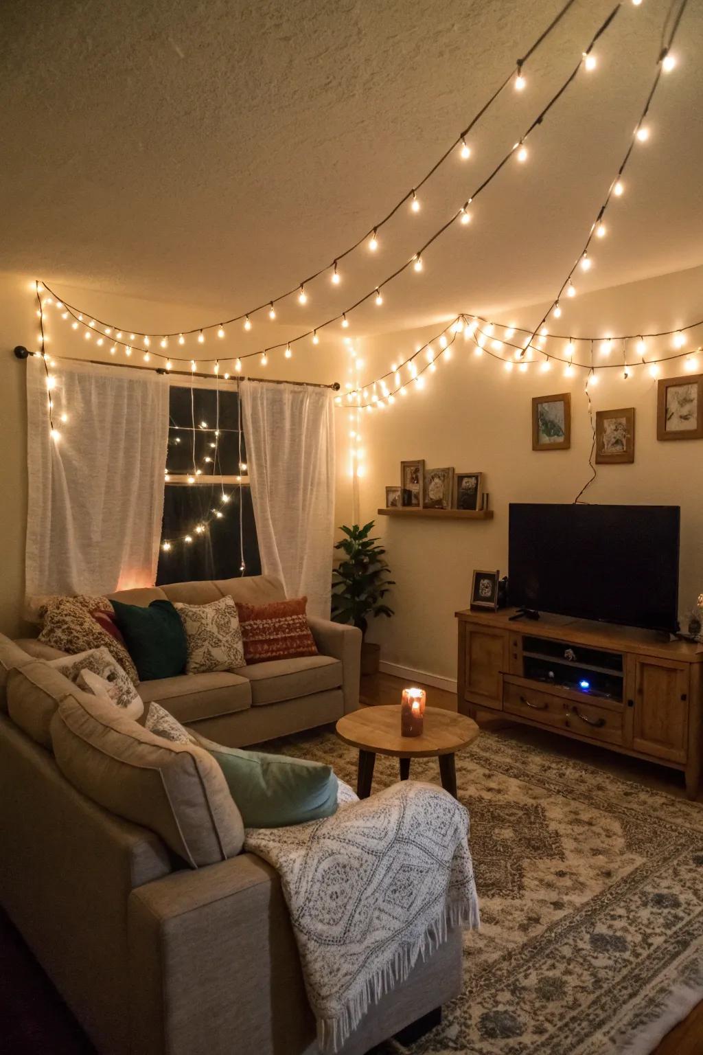 Drape twinkle lights along your living room walls for a cozy atmosphere.