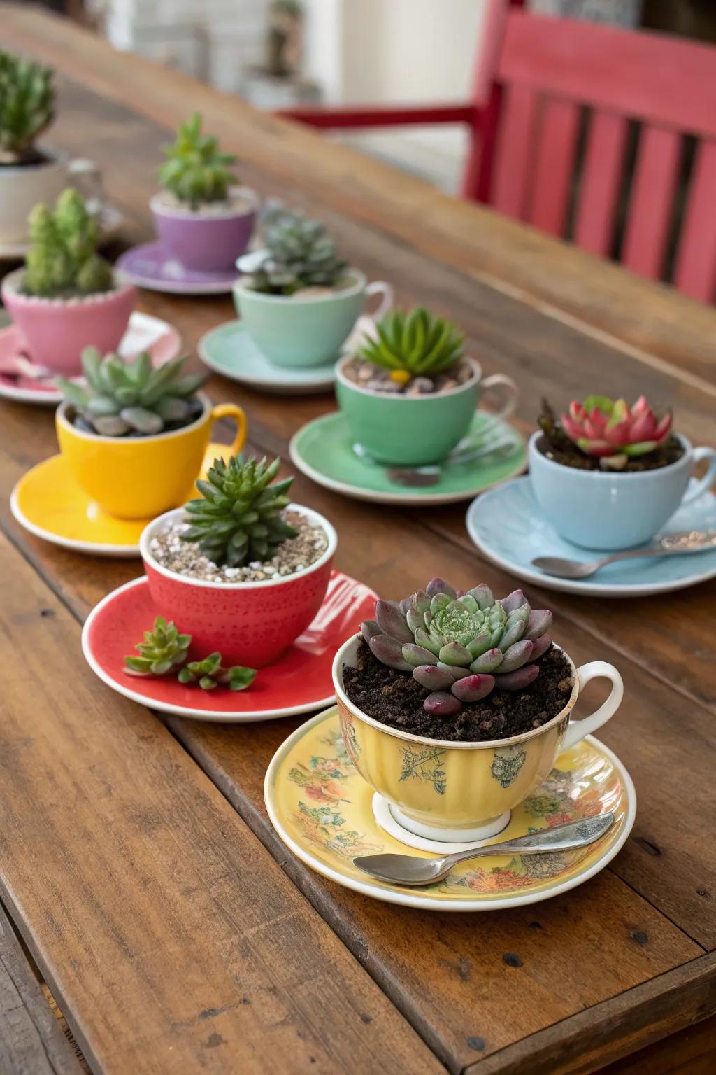 Quaint teacups serve as delightful little homes for petite succulents.