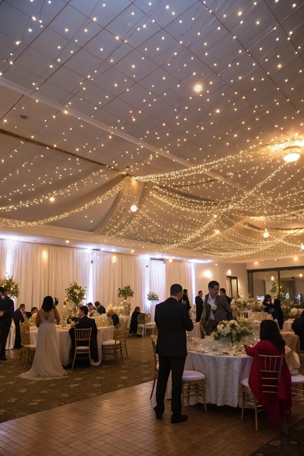 Indoor wedding celebration enhanced with a celestial sky effect from twinkling lights.