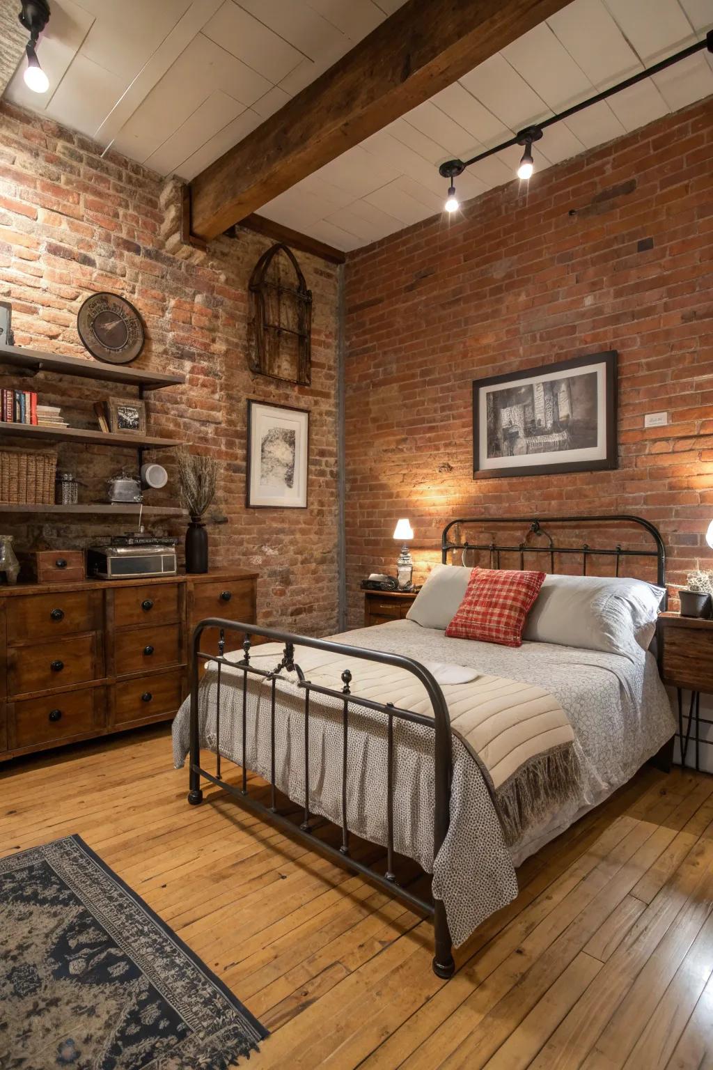 The organic texture of uncovered brick provides an impressive backdrop in this industrial-themed bedroom.