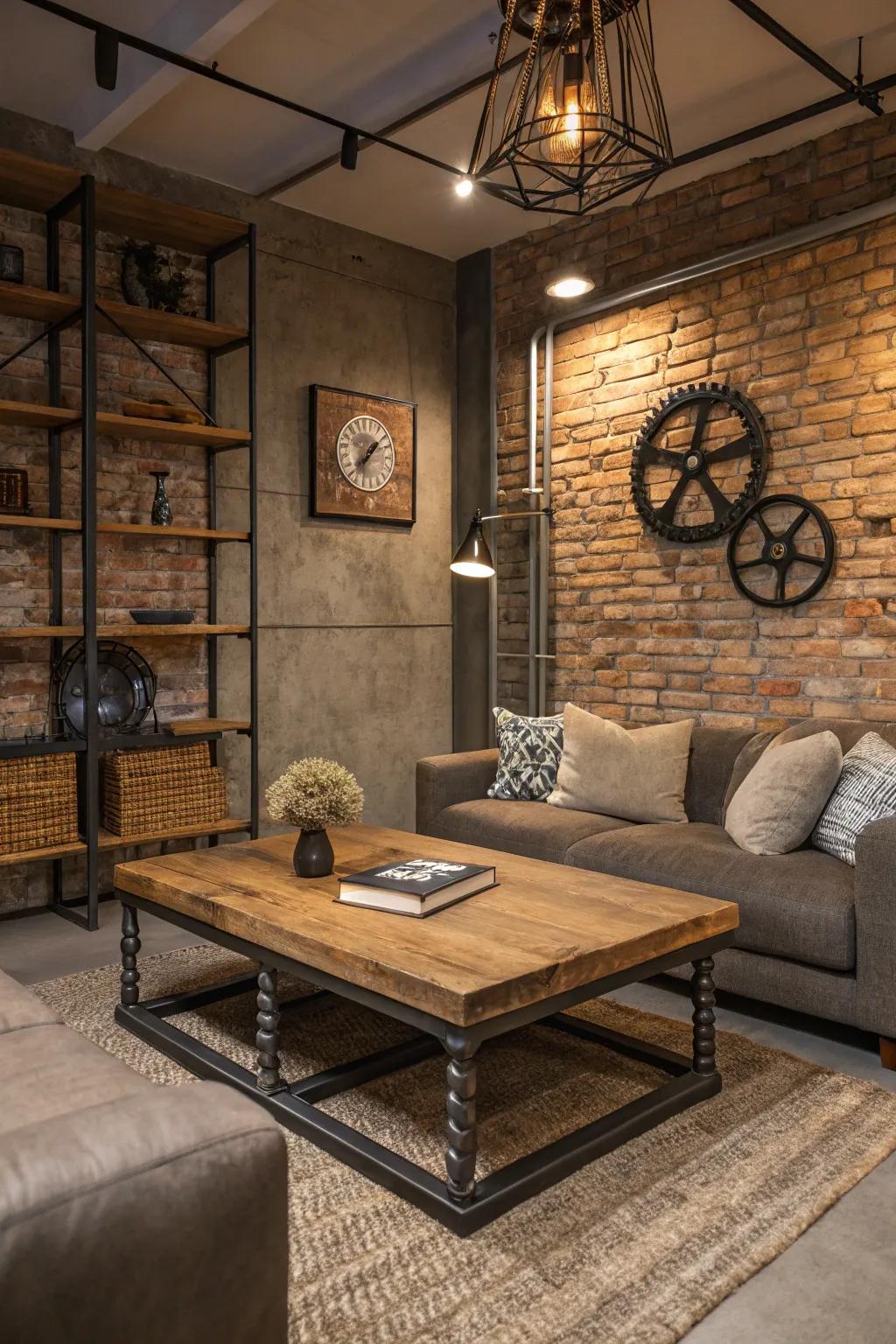 Exposed brick walls complement modern metal accents, creating an industrial vibe.