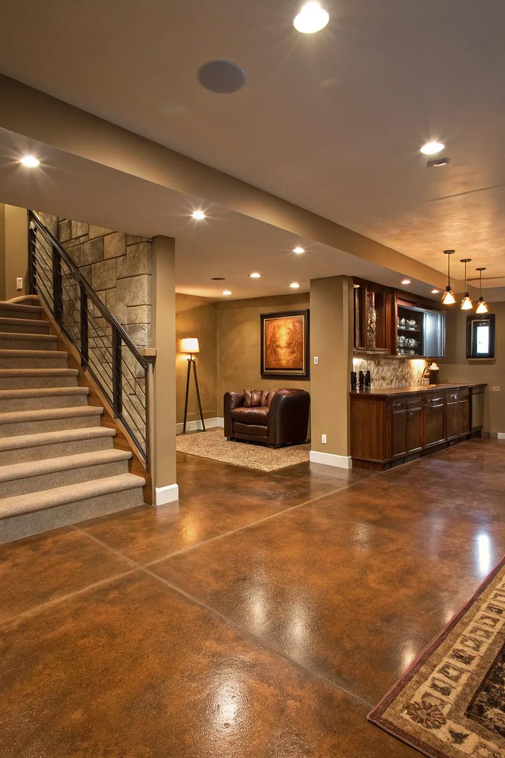 Stained concrete flooring presents a streamlined and modern aesthetic.