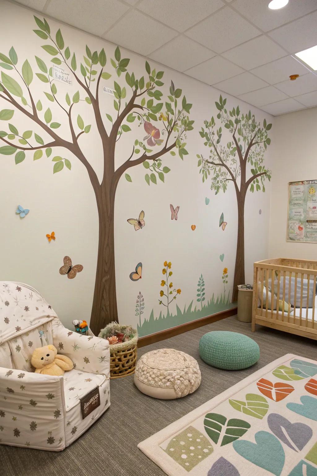 A serene, nature-themed classroom ideal for inquisitive young minds.