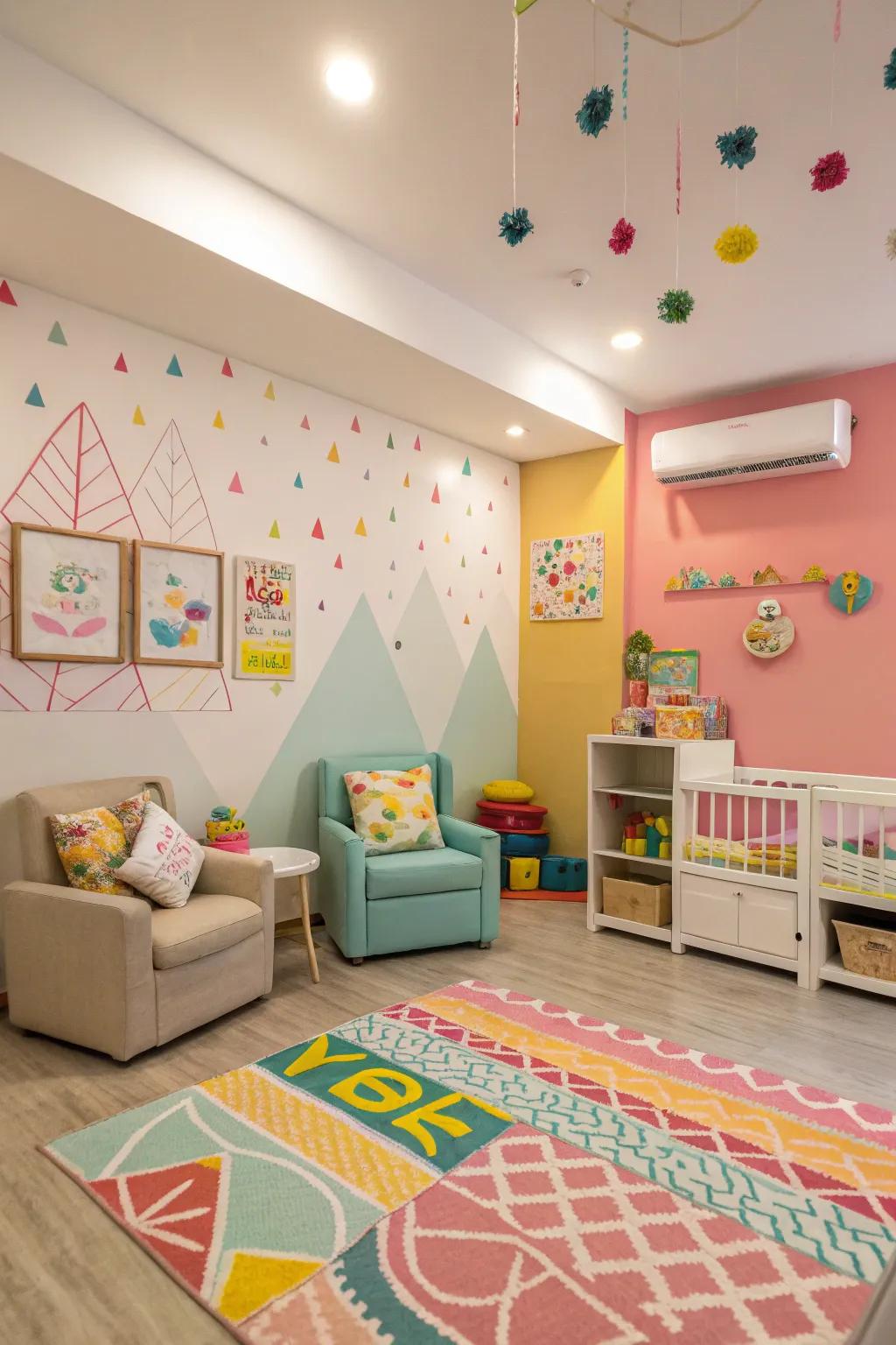 Bright walls captivate infants' sight.