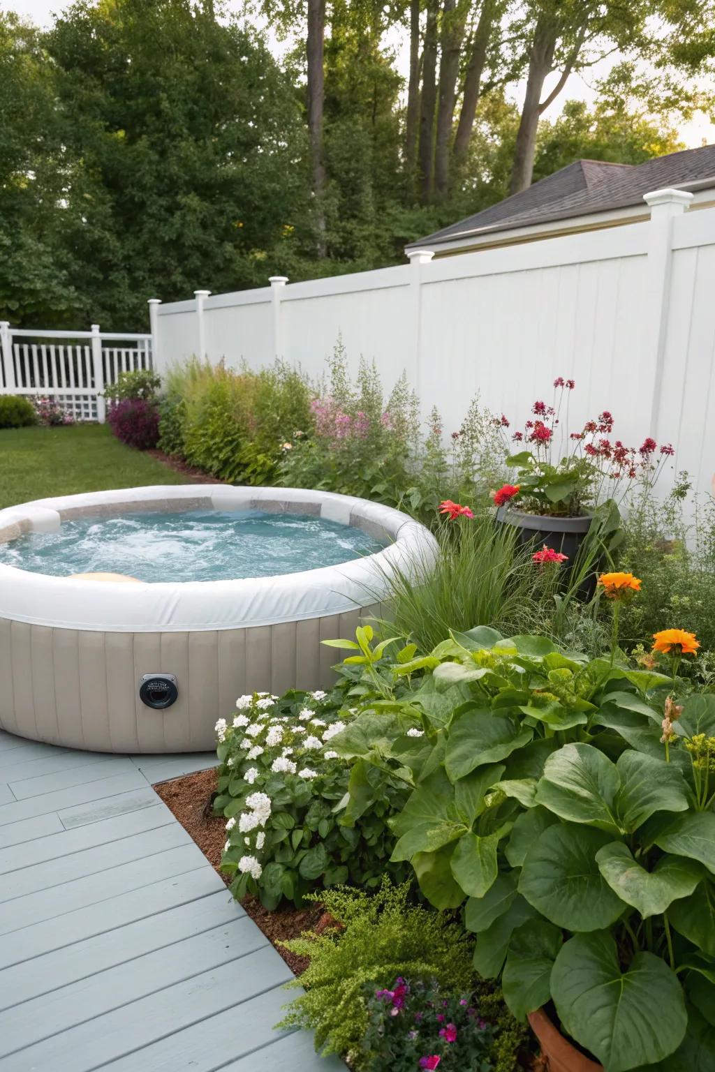 A serene getaway showcasing an inflatable spa amidst lush plants.
