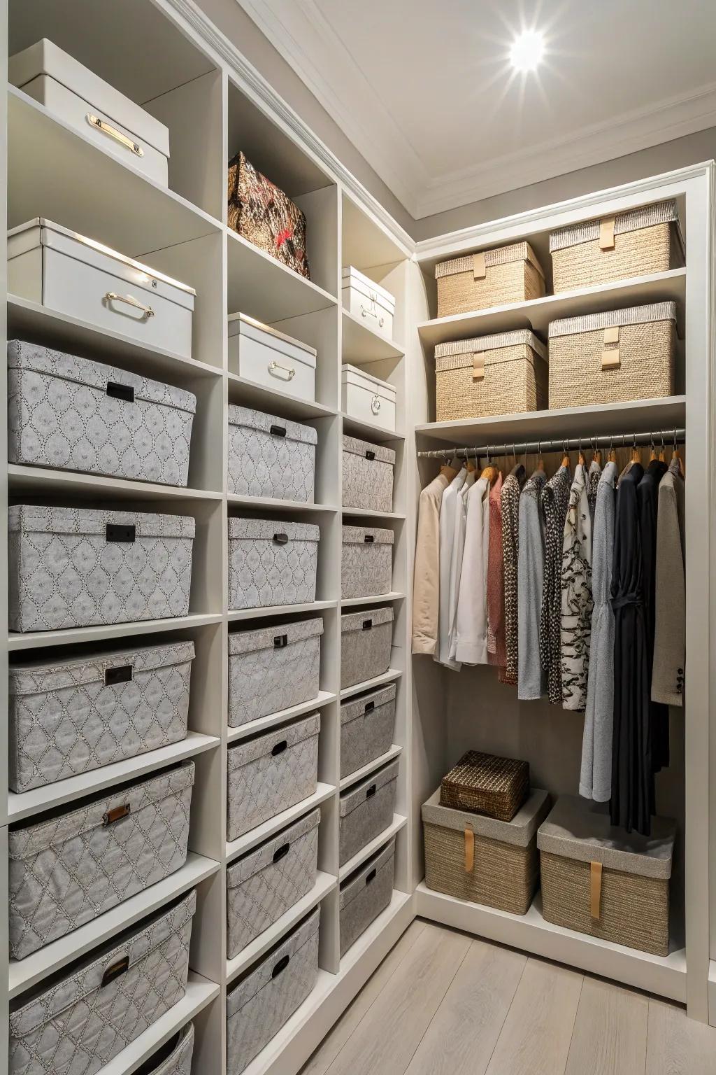 Utilize your closet's height to its fullest with strategically placed high shelves.