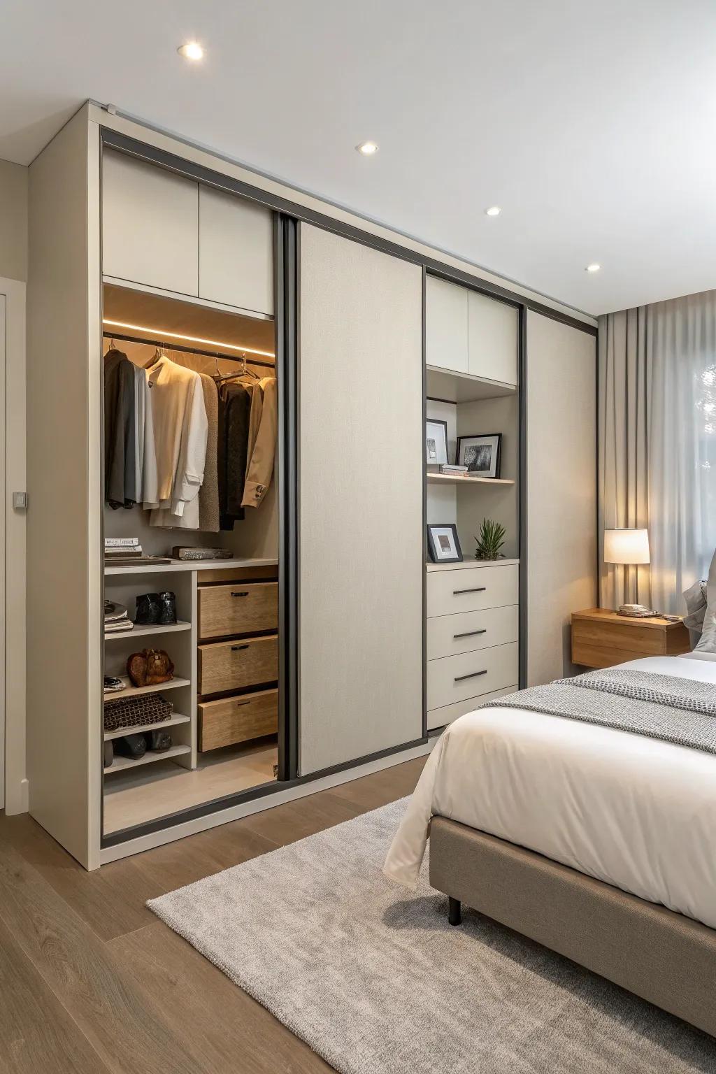 Glide door closets meld aesthetics with utility.