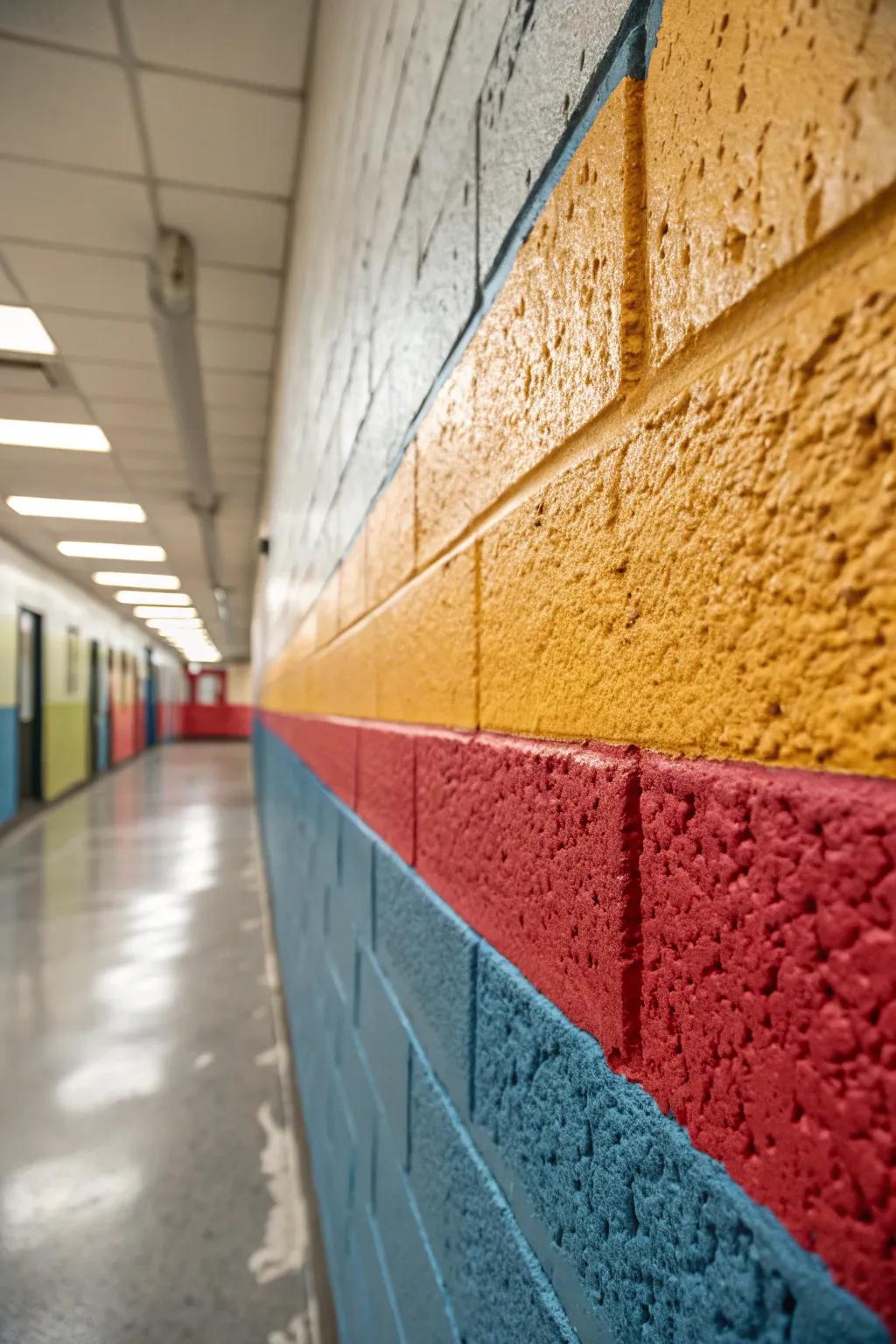 A cinder block wall brought to life with textured paint in lively hues.