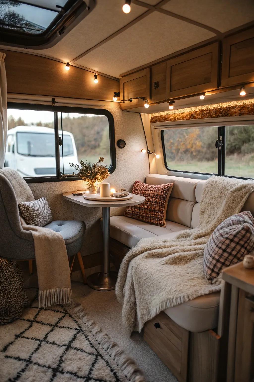 A welcoming sitting space enhanced with delicate pillows and snug throws.